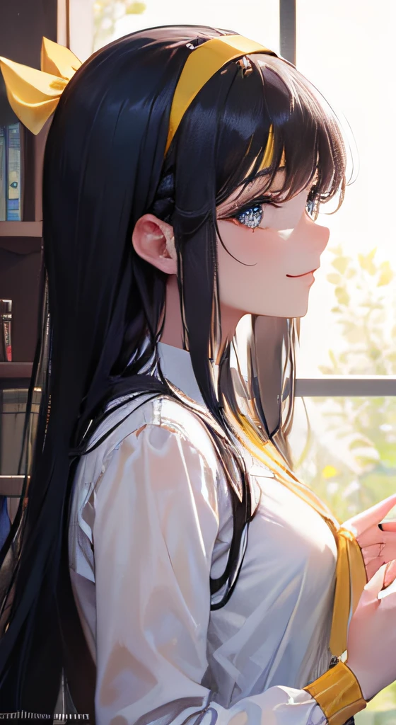(Best work),(Highest quality),((Long:1.3)),((The long-haired:1.3)),(Black hair),((All wearing white dresses)),(((Wearing a yellow headband in her hair:1.3))), Attractive big eyes,超A high resolution, Sharp Focus, Warm pastel tones, ((1 woman, Solo)), Upper body, front profile shot, beautiful detailed hair, Jet-black hair rolls down, beautifull detailed face, Blue eyes, Comfortable face, Perfect feminine face, Looking at the viewer, Smiles, In the meadow of lilies flowers, Pick up flowers for viewers, (In the morning hours:1.2), Goddess In the wardrobe of Greece