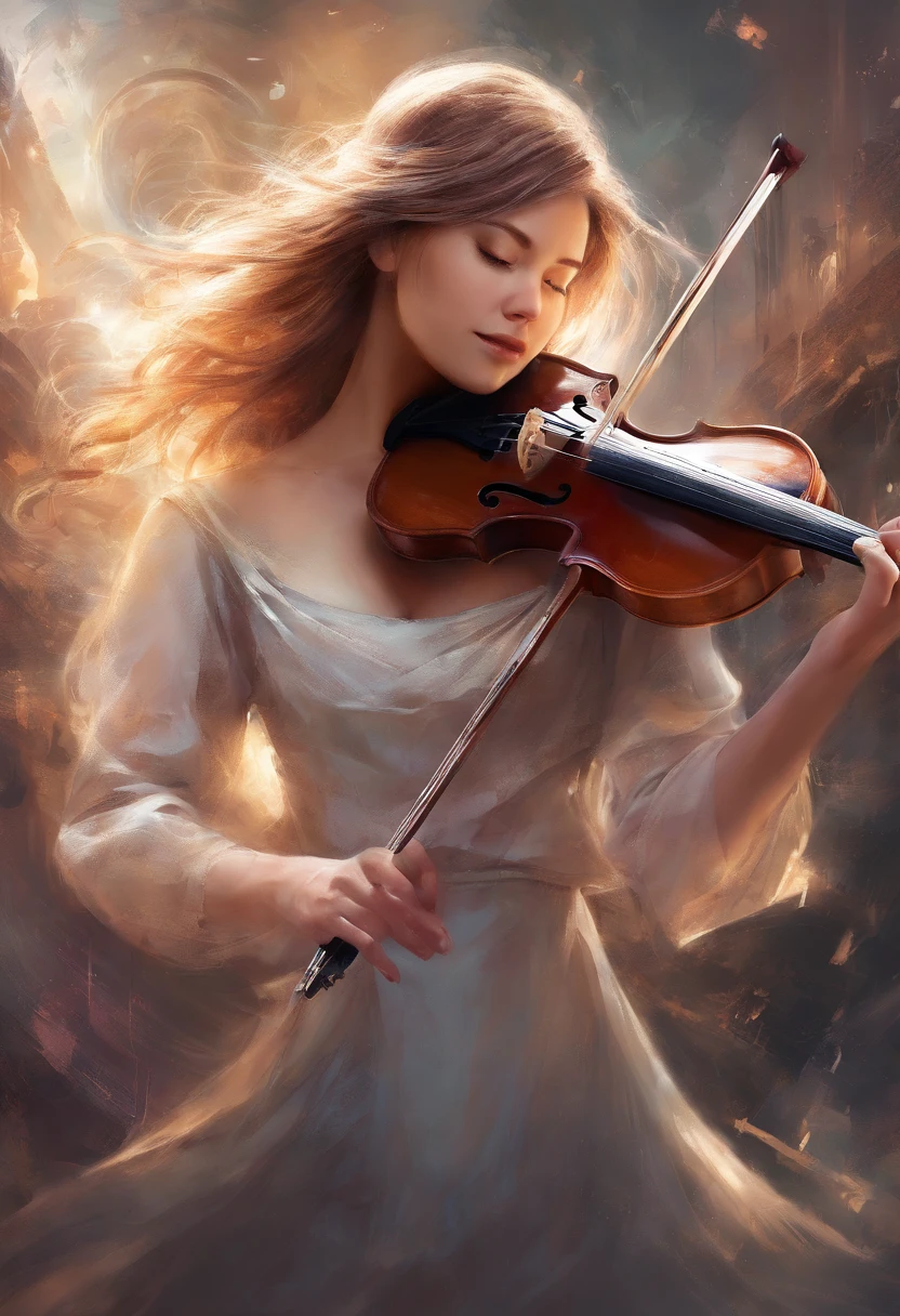 A single female violinist playing the most incredible piece of music known to mankind. Love and peace is flowing out of her violin, causing the beginning of world peace, dramatic scene, feelings of prefect love