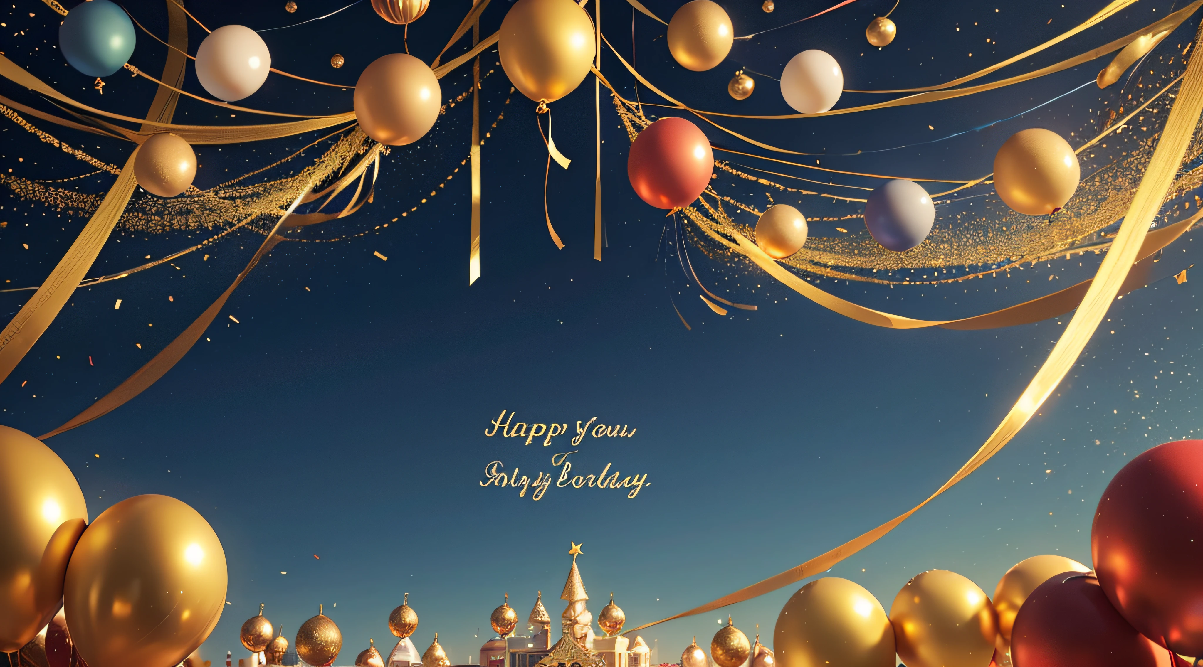 Holiday background with golden and blue metallic balloons, confetti and ribbons. Festive card for birthday party, anniversary, new year, christmas or other events.