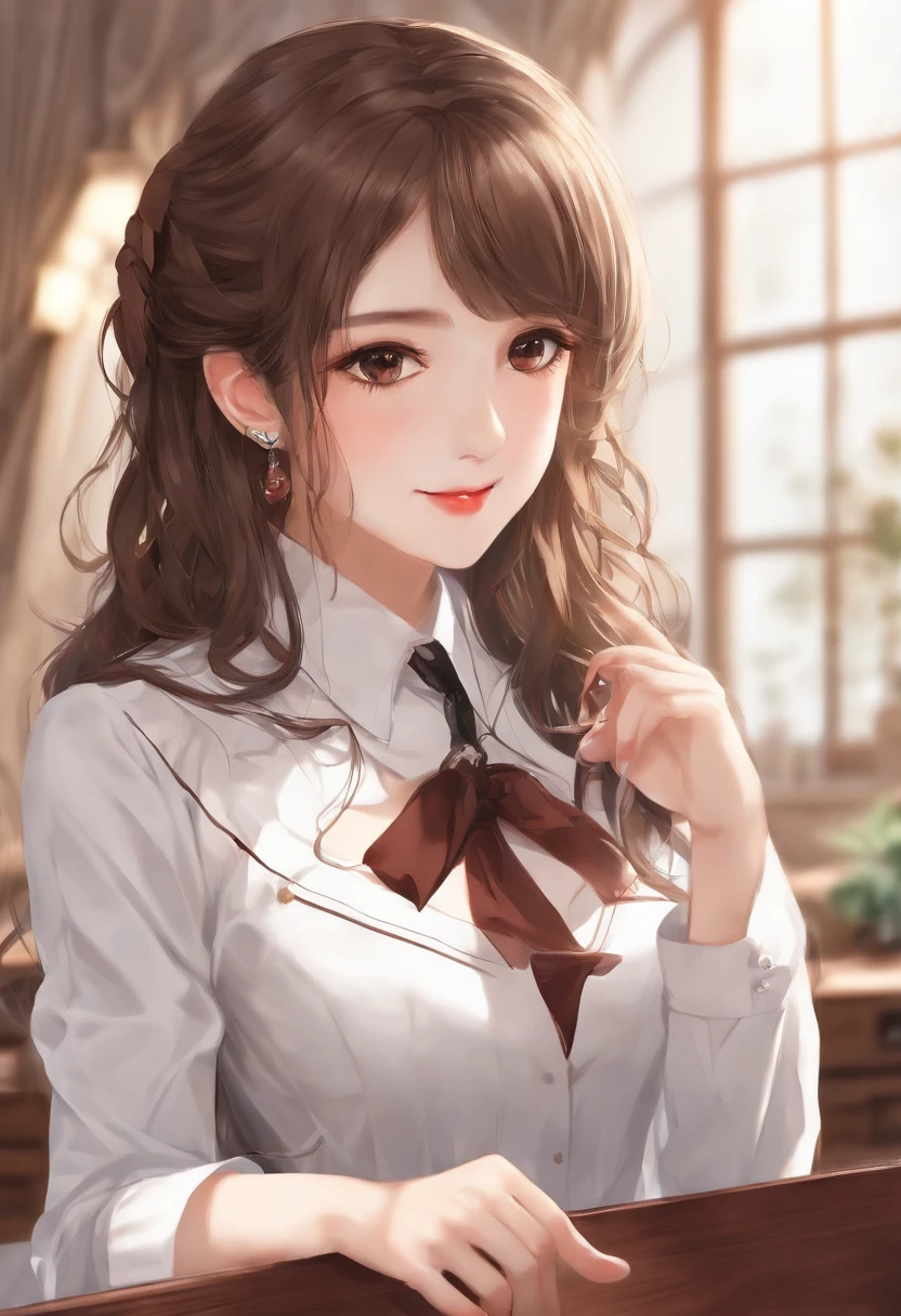 ((Masterpiece, Best Quality)),The best aesthetics,1Girl, school uniformss, a desk, Sitting, School Desk, Brown hair, class room, Long hair, indoor, Chair, looking up at viewer, :p, solo focus, Brown eyes, naked, Seductive eyes, 흥분한, Sexually climaxed, nipplestits, Breastbone, Saliva in the chest, Seducing with the tongue, Bringing your finger to your tongue
