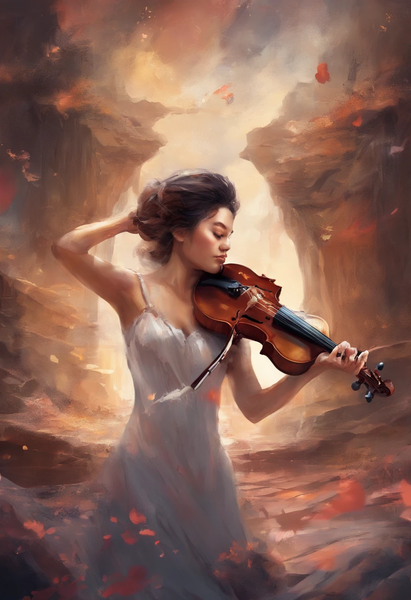 A single female violinist playing the most incredible piece of music known to mankind. Love and peace is flowing out of her violin, causing the beginning of world peace, dramatic scene, feelings of prefect love
