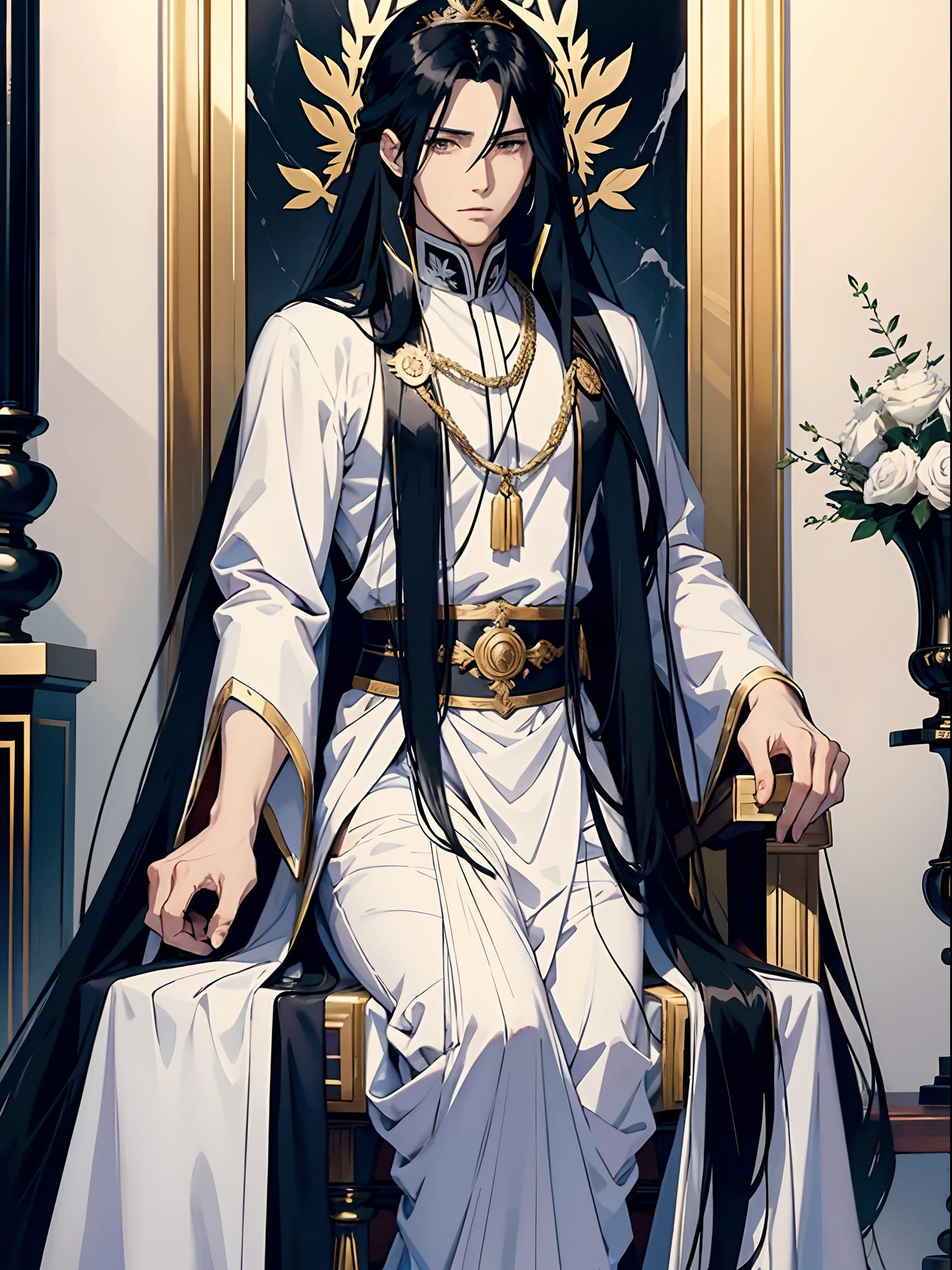 anime handsome man with long black hair, emperor, white clothes, vases, intricate marble throne