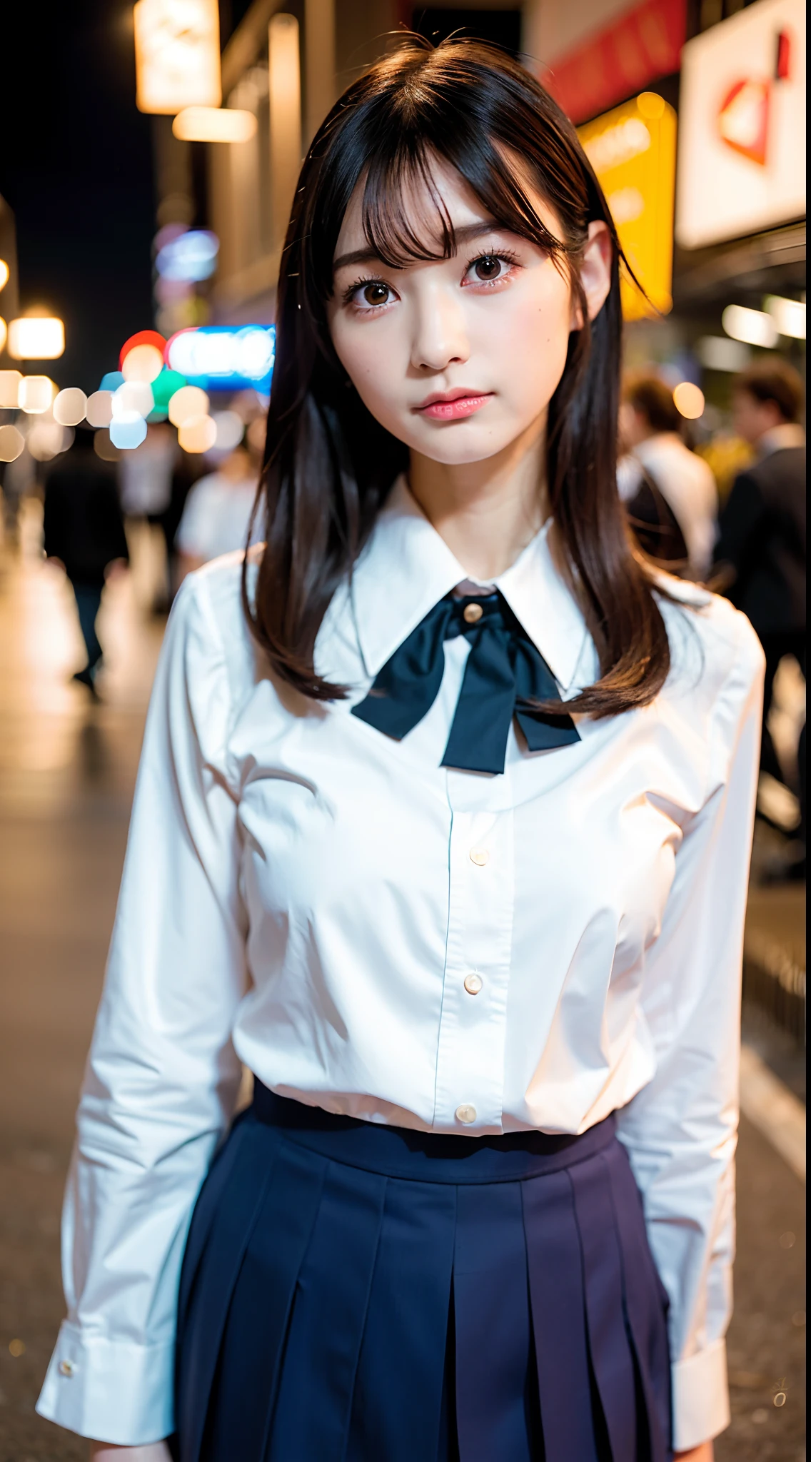 1girl,(school uniform,japan,medium hair black hair,  ),(RAW photo, best quality), (realistic, photo-realistic:1.4), masterpiece, an extremely delicate and beautiful,, photography, extremely detailed, kodak Portra 400,film grain,2k wallpaper, Amazing, finely detail, extremely detailed CG unity 8k wallpaper, ultra-detailed, highres, soft light, beautiful detailed girl, extremely detailed eyes and face, beautiful detailed nose, beautiful detailed eyes,cinematic lighting,city lights at night,street