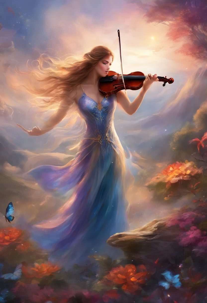 A single female violinist playing the most incredible piece of music known to mankind. Love and peace is flowing out of her violin, causing the beginning of world peace, dramatic scene, feelings of prefect love