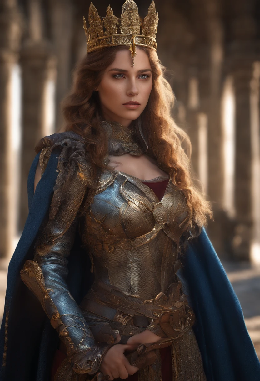 professional 3d render, realisticlying;1.3 ,soft features, full bodyesbian ,Big-breasted female king ,with a gold crown, holding a broadsword, bravery, Perverted and obscene armor and red cloak,Nuanced blue eyes, Sunset background, The wind blew through her hair and cloak,Detal Face, Realistic photography.