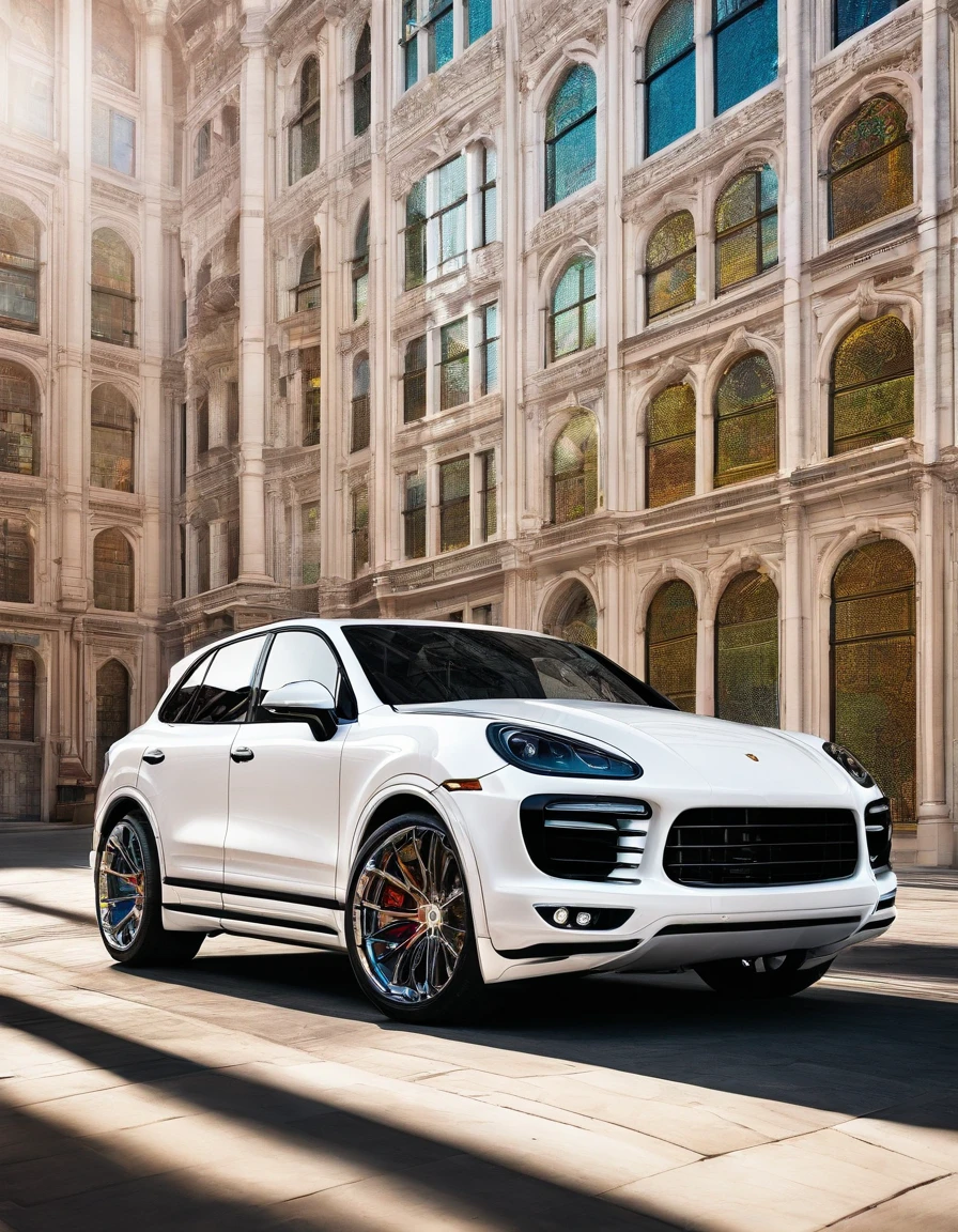 2014 (white)(Porsche Cayenne) (but with) detailed retro-futuristic architecture