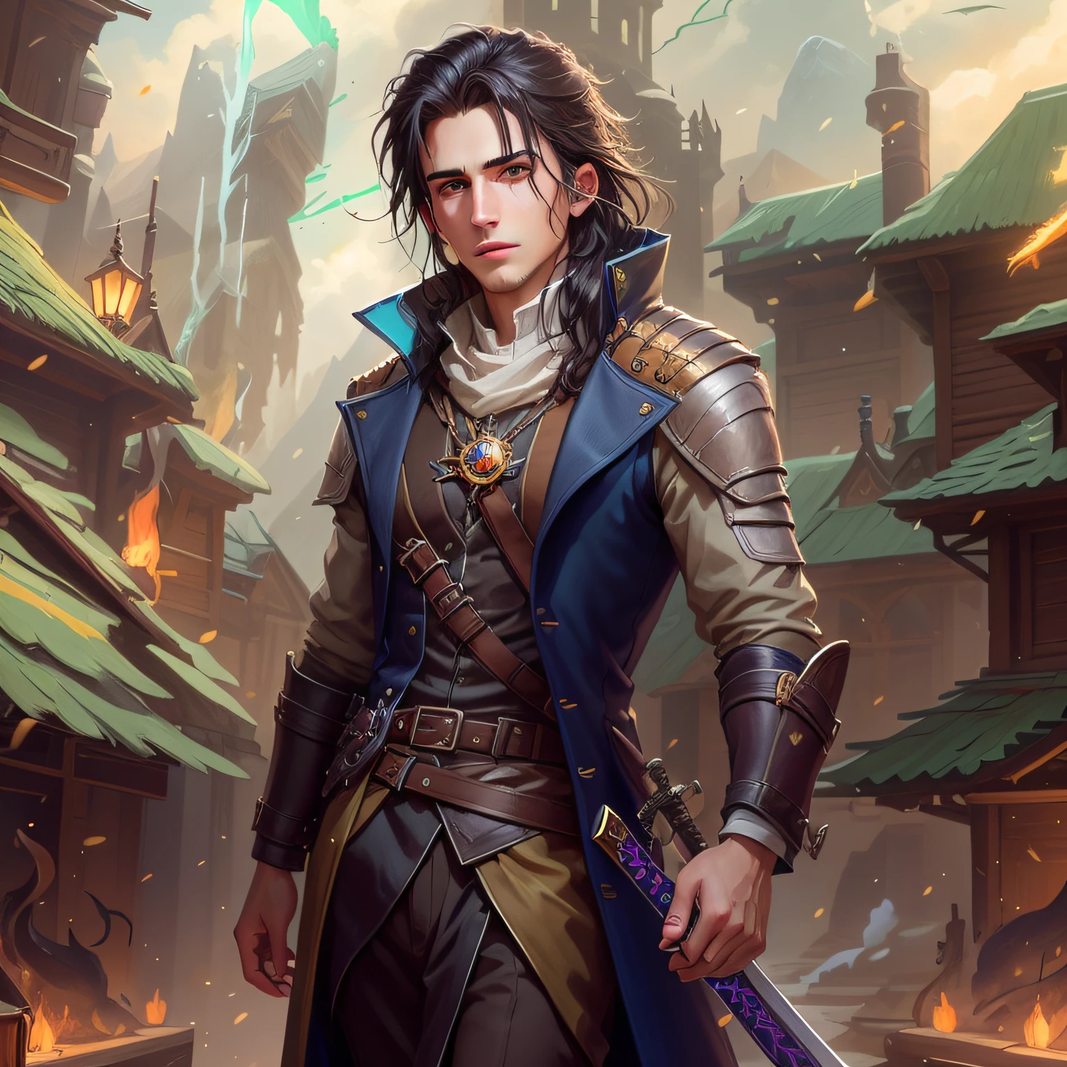 arafed male in a black coat and white shirt holding a sword, caleb from critical role, portrait of fin wildcloak, portrait of a dnd character, silvain sarrailh, portrait of an adventurer, black hair, fantasy male portrait, male artificer, kaladin stormblessed, portrait of a mage, inspired in kris from deltarrune, casimir art