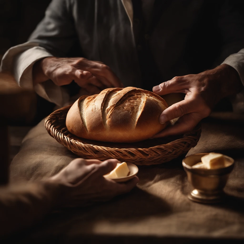araffes hands holding bread and bread slices over a plate, offering a plate of food, bread, by Jason Felix, eating, dinner is served, photo still, feast, last supper composition, last supper, closeup at the food, begging, exclusive, the last supper, comforting and familiar, sacrament, called 'the last supper', fully functional, delicacy
