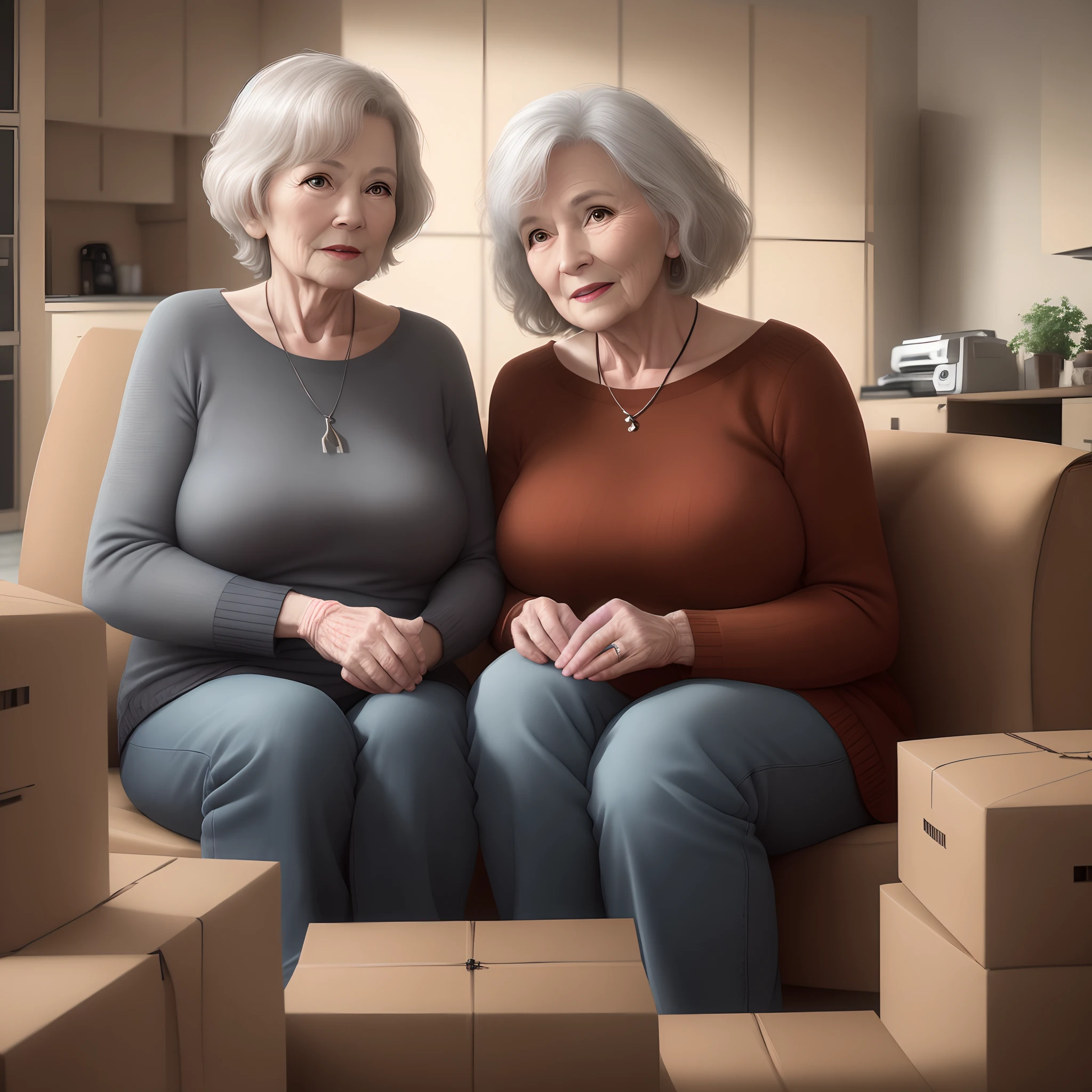 Couple of senior women. 60 years old. On an empty living room background. With lot of carboard oackages surrounding them. Photorealistic, cinematic lighting, drop shadow, diffraction spikes, Ultra-Wide Angle, Hasselblad, UHD, masterpiece, anatomically correct, 1080P, 4K, 8k, best quality