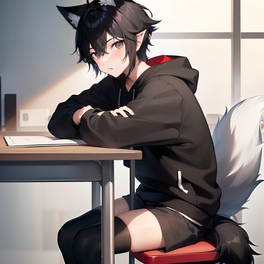 ((masterpiece, best quality, anime)), Sora, ((19 year old Boy)), ((4'6ft)) cute, ((Black messy short hair)) Black Hoodie with white stripes, Rearview, ((Red and Grey eyes)), ((Black Really Fluffy Wolf tail and ears)), Cute expression, Black and white Sport-Shorts with Thigh Highs. ((Writing homework on a table and sitting on a chair))