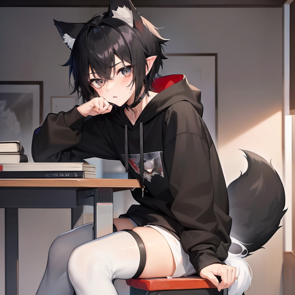 ((masterpiece, best quality, anime)), Sora, ((19 year old Boy)), ((4'6ft)) cute, ((Black messy short hair)) Black Hoodie with white stripes, Rearview, ((Red and Grey eyes)), ((Black Really Fluffy Wolf tail and ears)), Cute expression, Black and white Sport-Shorts with Thigh Highs. ((Writing homework on a table and sitting on a chair))