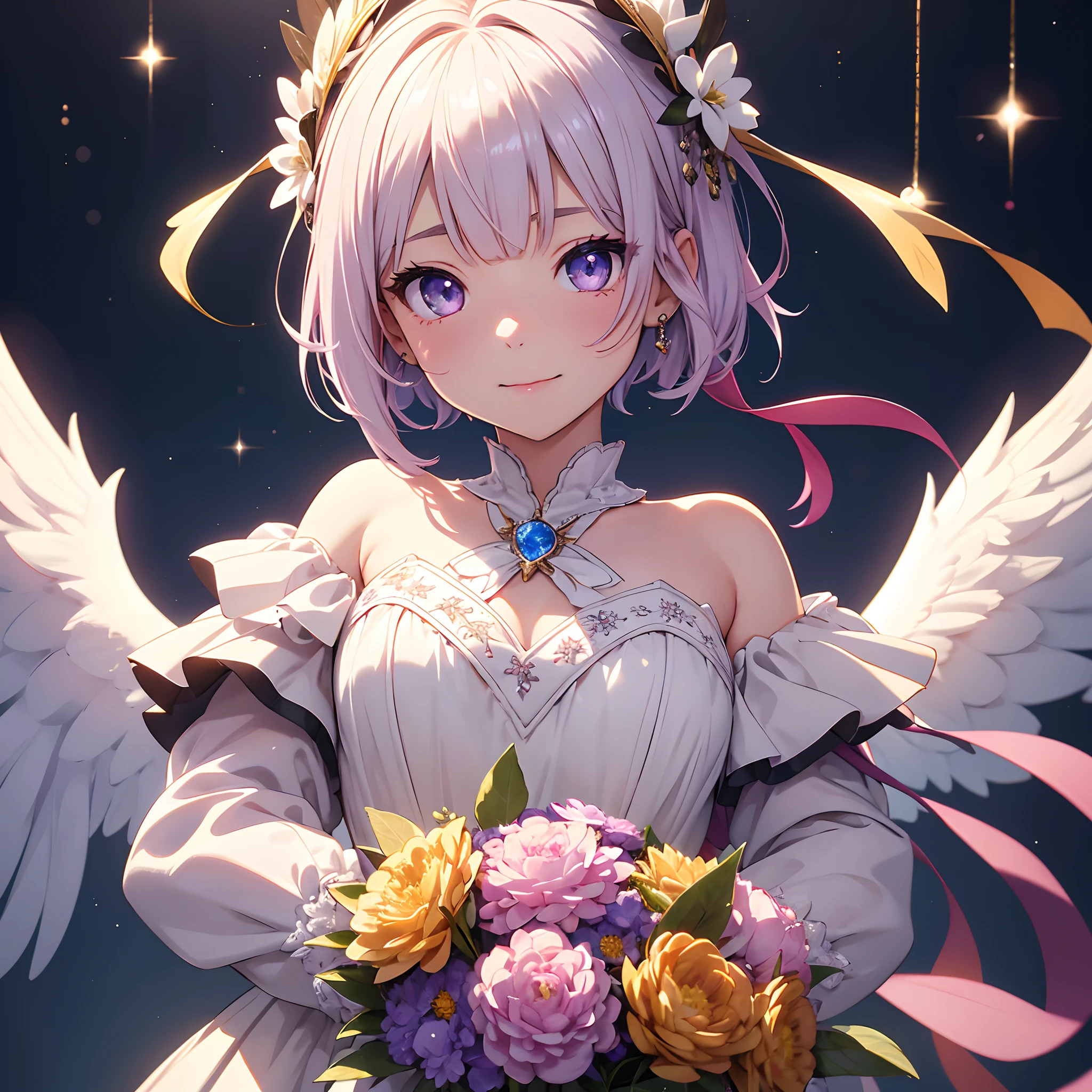 animations、warm color、Shining Fantasy、​masterpiece、2D、独奏、hiquality、Thick contour lines、black outlines、Contour enhancement、Doublebrid、with round face、large round eyes、drooing eyes、Have a bouquet、Iridescent light、Petite and cute girl、Front-facing and upright、Composition seen from a short distance、up of face、Very short hairstyle、boyish、Fine shading、Glitter Shorthair、Light purple shorthair、Realistic eyes、Luminescent eyes、Cheerful smile、Light pink lipstick、Illuminated by the light from the front、Eye color is sapphire、small tits、Beautiful sparkling black and white dress、The dress is decorated with elaborate white embroidery、Elaborate modeling of small idol characters、realistic skin textures、Stained glass background、Angel Bell、Trail of Light、Blessing feathers、