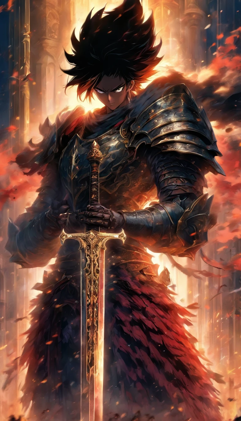 A young and dignified man,(Wearing armor),(Holding the holy sword),Stand in the fog, (Black color hair),(Black pupils),Behind him there was a huge and magnificent church,32K, Best quality, Masterpiece, Super detail, High detail in Yoshiyo Monogatari anime style