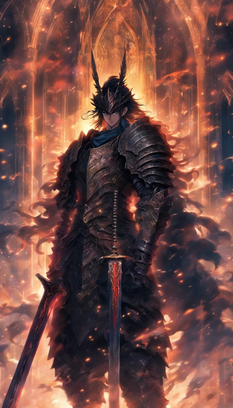 A young and dignified man，(Wearing armor)，(Holding the holy sword)，Stand in the fog, (Black color hair)，(Black pupils)，Behind him there was a huge and magnificent church,32K, Best quality, Masterpiece, Super detail, High detail in Yoshiyo Monogatari anime style