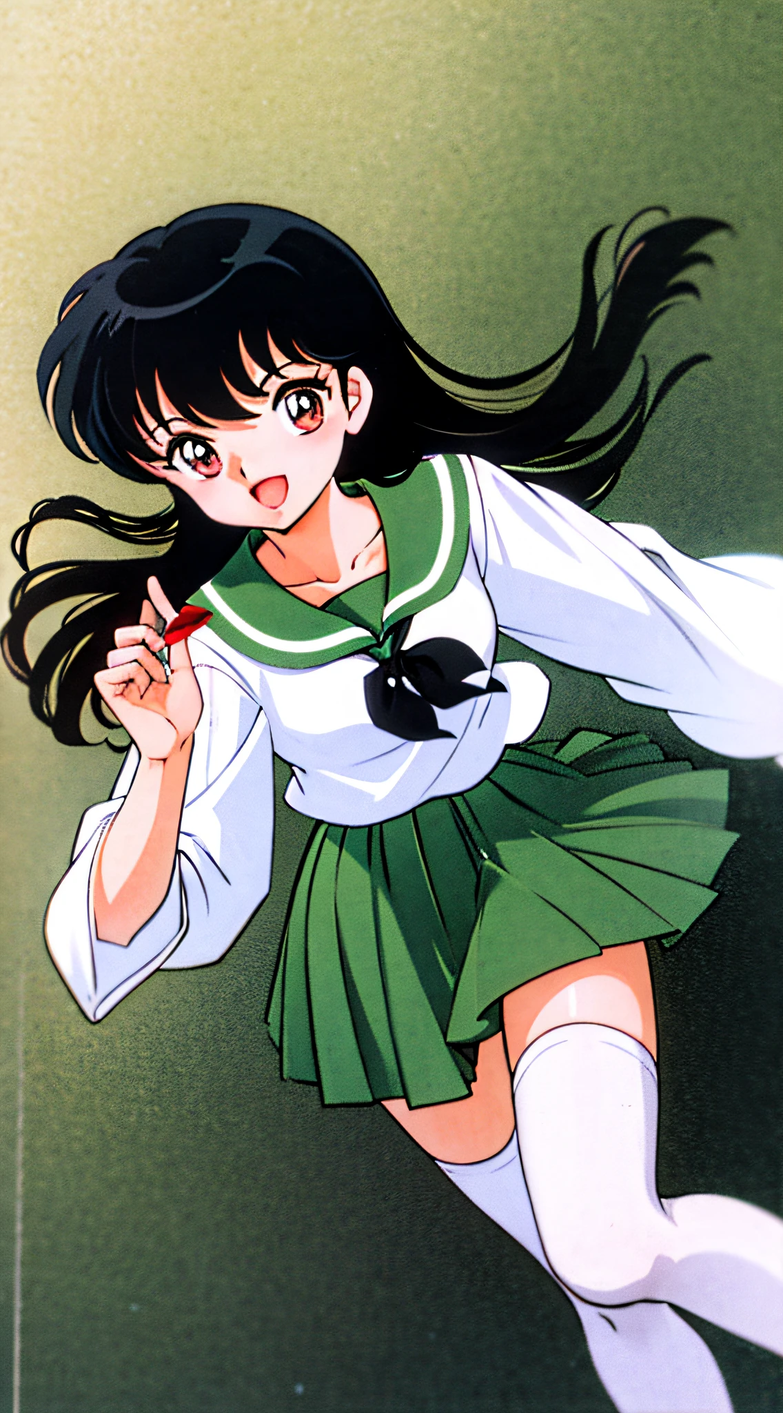 Higurashi Kagome,1girl, skirt, solo, school uniform, long hair, black hair, green skirt, smile, serafuku, open mouth, pleated skirt, neckerchief, looking at viewer, sailor collar, brown eyes, thighhighs, long sleeves, white shirt, shirt, green sailor collar, (red neckerchief:1.2), cowboy shot, black thighhighs,