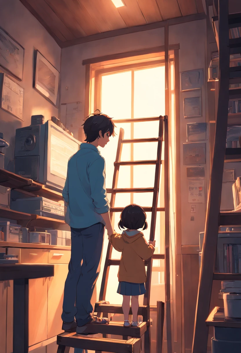 Man standing on a ladder holding a monitor in both hands,5-year-old daughter looking at man,Masterpiece, Cosy home, (illustration),long perspective, (Grand background), (Chiaroscuro)), Cinematic lighting, (Depth of field), hyper HD