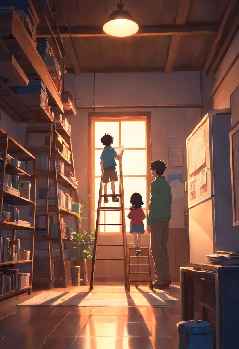 Man standing on a ladder holding a monitor in both hands，5--old ghter looking at man，Masterpiece, Cosy home, (illustration),long perspective, (Grand background), (Chiaroscuro)), Cinematic lighting, (Depth of field), hyper HD