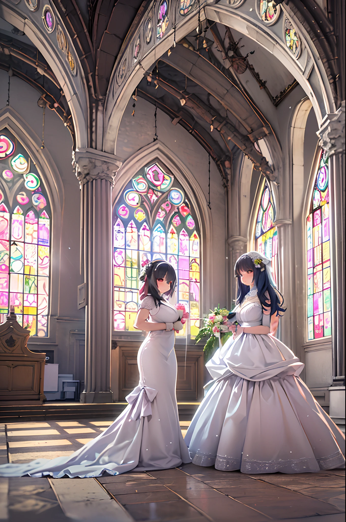 High resolution, Best Quality, masutepiece, Ultra high definition, Ultra high definition, A hyper-realistic,。.。.3D, Anime, Illustration, In a church、wedding hall、Two women in wedding dresses、2girls，girl1：bbw、adolable，Black hair，Bob-cut hair，rcasual、Kisses and hugs、stare、weddingdress、Girl 2：adolable，A pink-haired，Long grey hair，rcasual。Kisses and hugs、stare、weddingdress