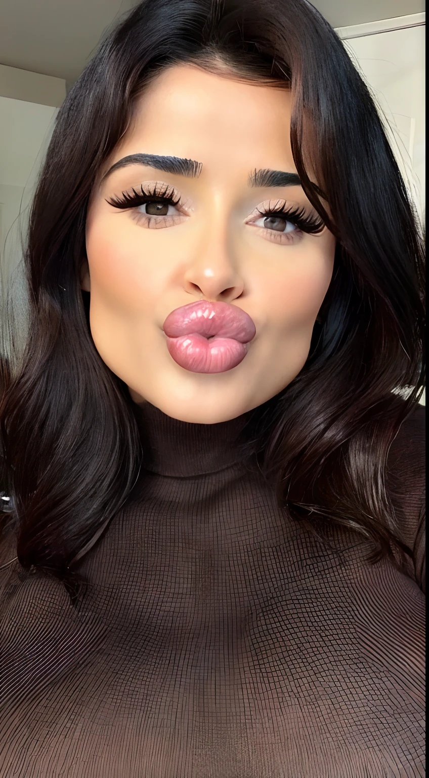 INCOMING KISS, kiss, Stunning up-close portrait of a Salma Hayek, milf, mature, short brown hair, brunette, faux bob hairstyle, high cheekbones, big lips, full lips, pouting, pouting lips, turtleneck sweater, Best quality, 8k, Masterpiece, realistic, photorealistic, (gigantic breasts:1.2)