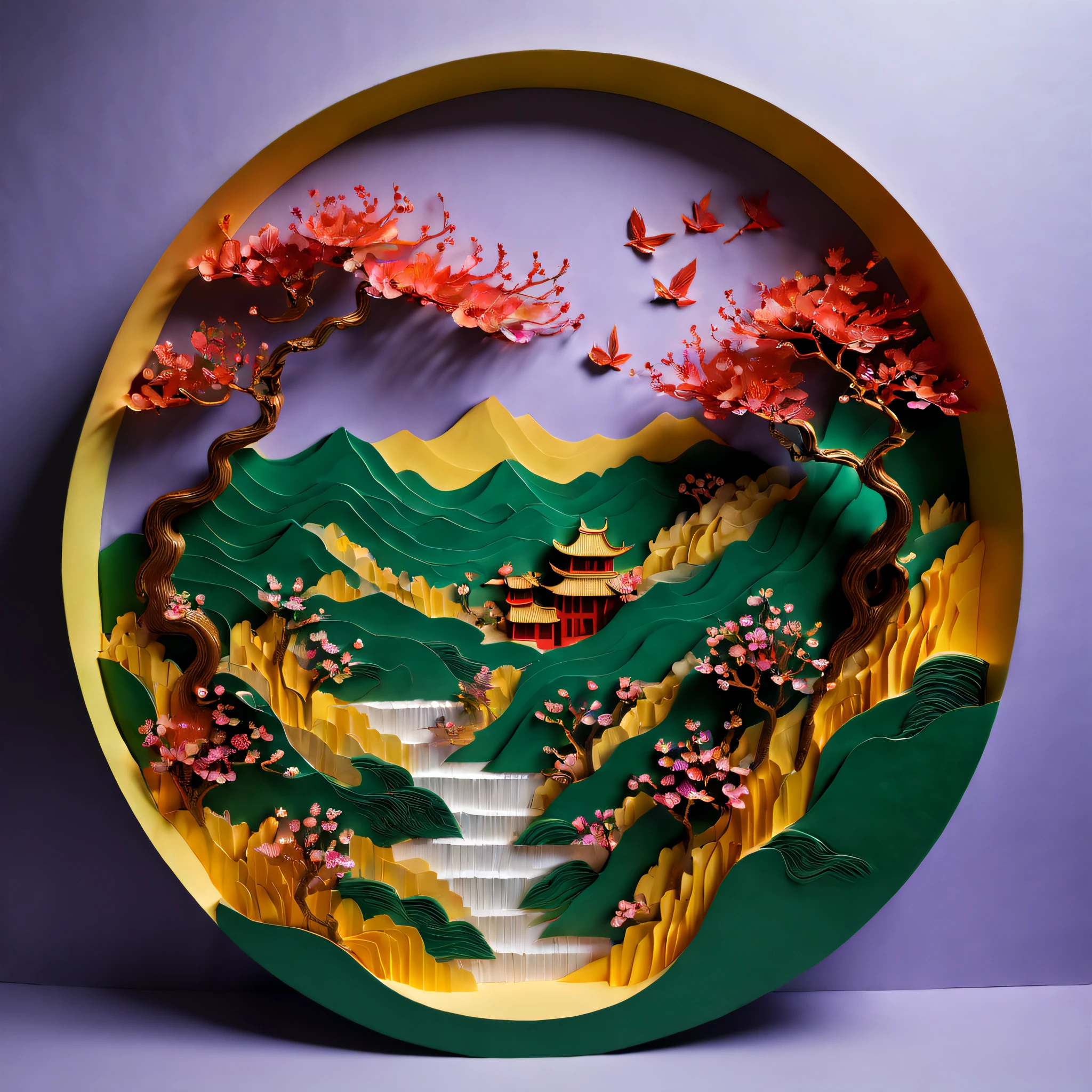 (Masterpiece, High quality, Best quality, offcial art, Beauty and aesthetics: 1.2), Green cardboard,(terraced,Peach Blossom Forest,Lavender,Red maple),Hills that are undulating by yellow, Splash spray, (((Paper carving))), ((Chinese landscape painting of the Song Dynasty: 1.2)), (Surrealist dream style), Light tracing, Environmental shielding, Hazy, Natural light, Obsidian, Cardboard sheet, oc rendered,