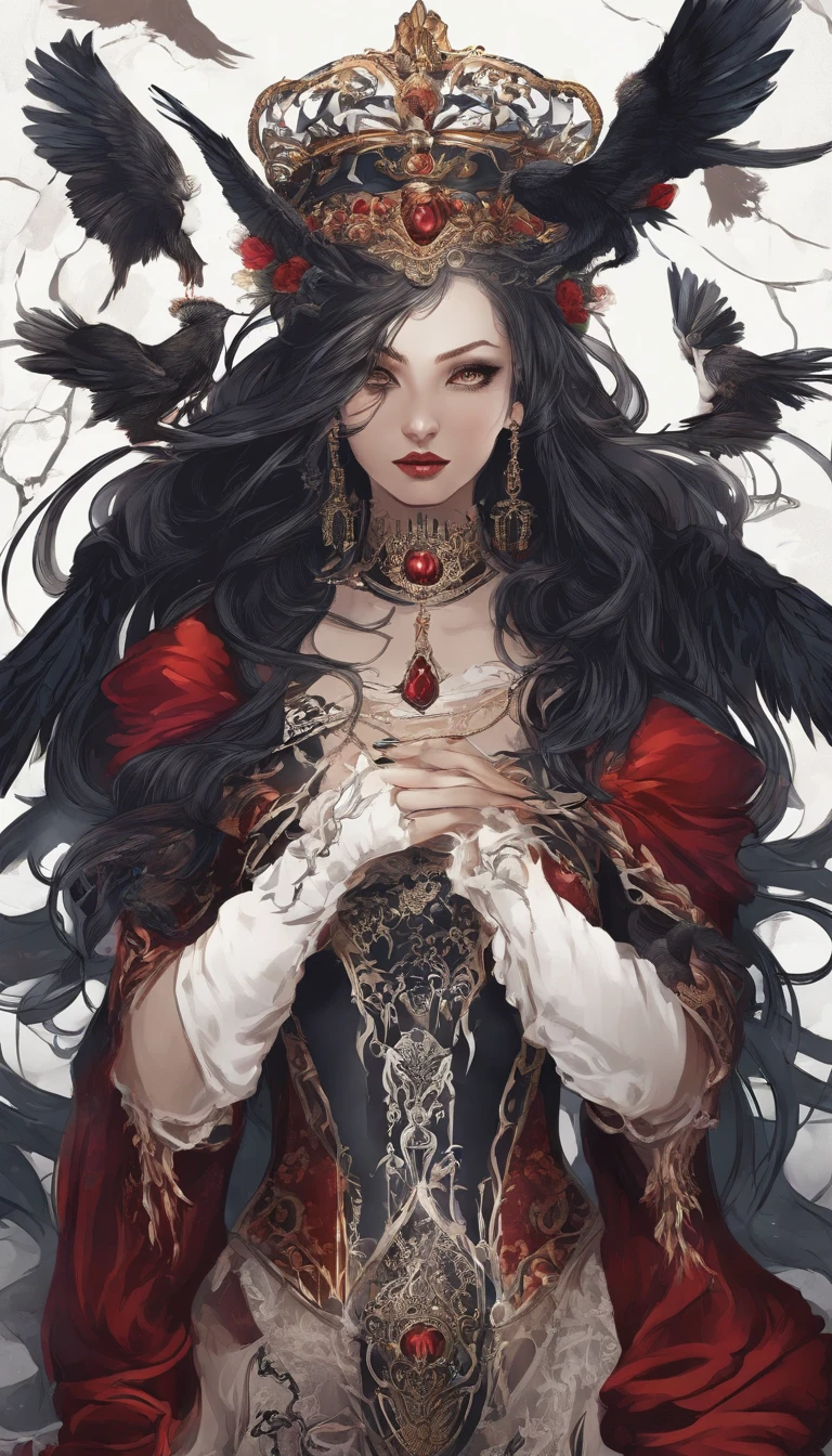 (best quality,highres,masterpiece:1.2),ultra-detailed,realistic,gothic,portrait, moody lighting,sharp focus,physically-based rendering,professional,vivid colors,wild hair,haunting eyes,powerful,foreboding,ornate jewelry,long nails,piercing gaze,feathered collar,corset,flowing gown,whispers in the dark,crow feathers,haunted atmosphere,intense expression,dark magic,aura of darkness,dangerous beauty,intimidating aura,determined stance,ominous backdrop,castle silhouette,thunderstorm,stormy night,ominous clouds,blood-red lipstick,menacing grin,clawed gloves,mysterious aura,villainous charm,commanding presence,three menacing dogs,red and black color palette,bold contrast,brooding,royal elegance,unyielding power,fierce loyalty,domination and power,queen of the night,shadowy figure.
