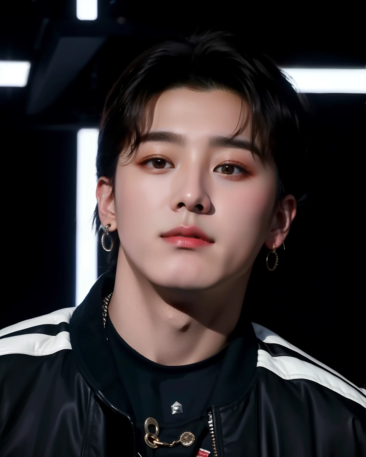 um close up de uma pessoa usando jaqueta e brinco, Cai Xukun, Jungkook, Hyung Tae, Yanjun Chengt, inspirado em Bian Shoumin, olhar chocado, wry smirk, TaeJune Kim, Shin Jeongho, lu ji | |, menacing stare, taken in the early 2020s, Hong June Hyung, Sha Xi