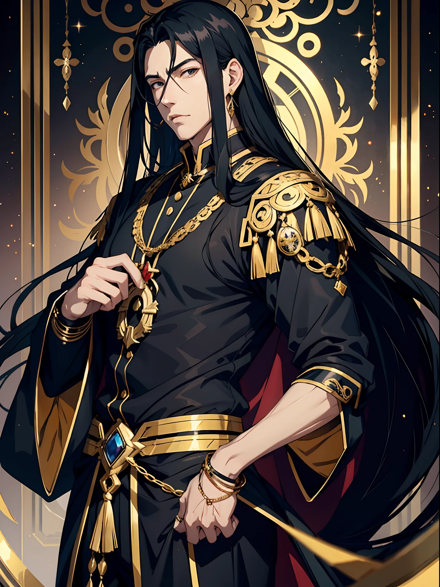 anime handsome man with long black hair, emperor, jewelry, gold, precious stones