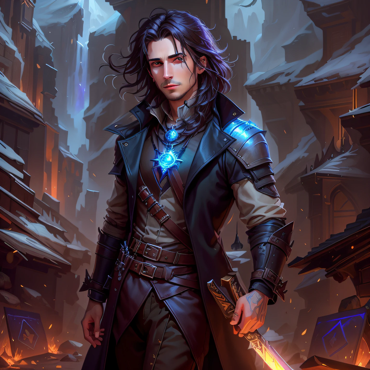 arafed male in a black coat and white shirt holding a sword, caleb from critical role, portrait of fin wildcloak, portrait of a dnd character, silvain sarrailh, portrait of an adventurer, black hair, fantasy male portrait, male artificer, kaladin stormblessed, portrait of a mage, inspired in kris from deltarrune, casimir art