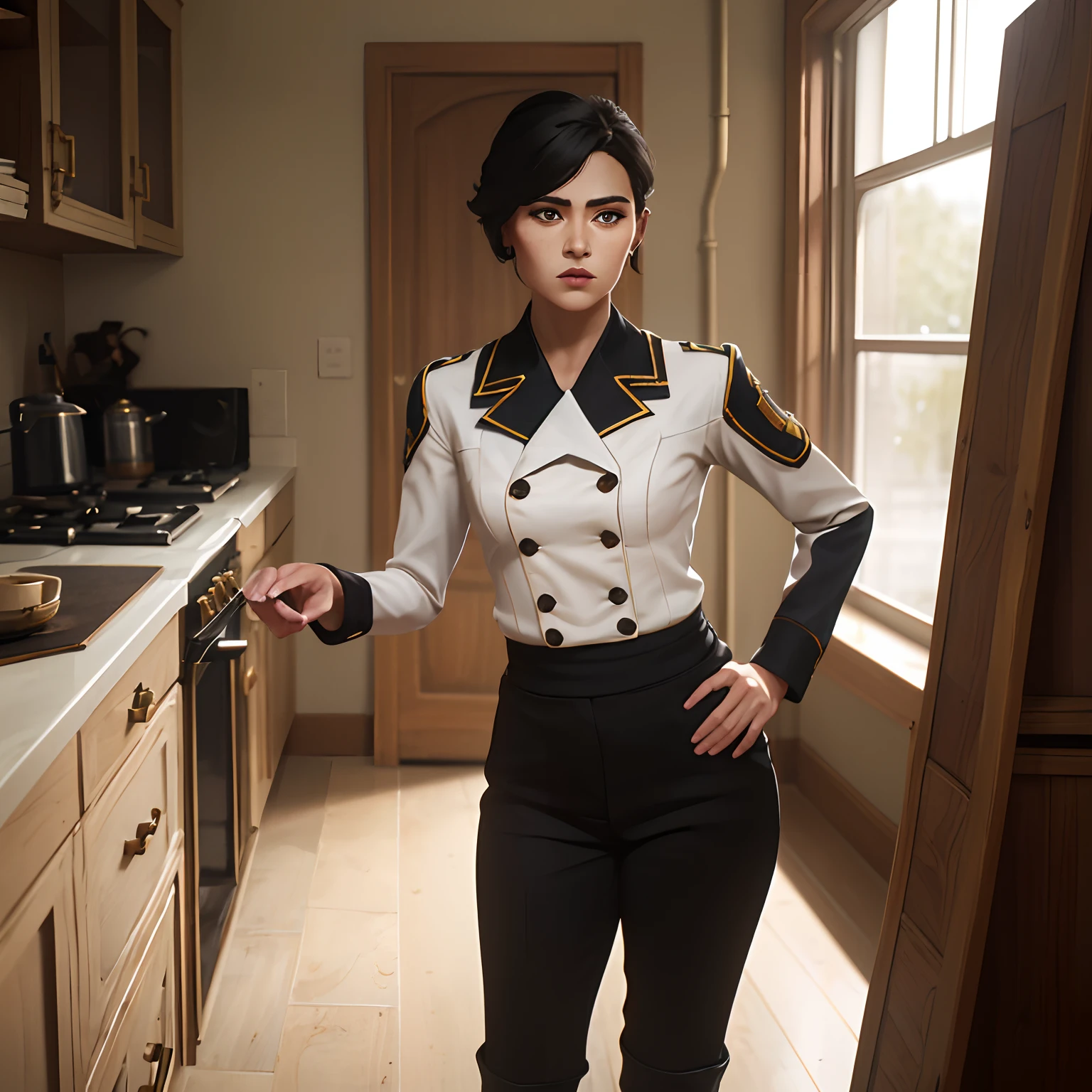 1 female, female focus, mature female, small breasts, flat chested, petite, pale skin, dark chocolate eyes color and short black hair style boyish, wearing a military cook uniform of black boots, black pants and a white double-breasted jacket.