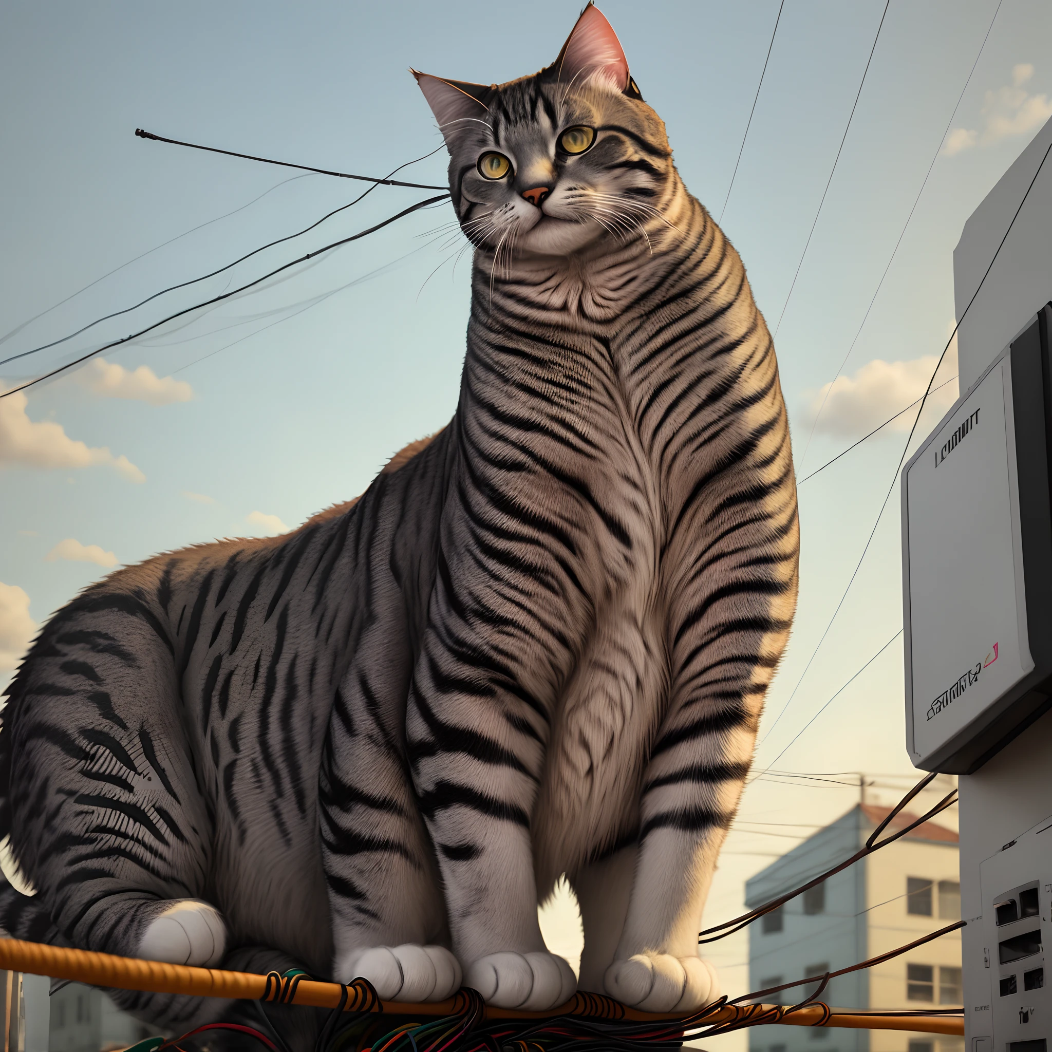 Giant cat on electric wires
