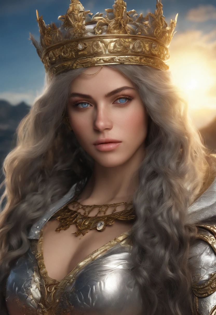 professional 3d render, realisticlying;1.3 ,soft features, full bodyesbian ,Beautiful perverted big-breasted queen ,with a gold crown, Handheld white pulp, Indecency, Obscene armor,Nuanced blue eyes, Sunset background, The wind blew through her hair and,Detal Face, Realistic photography.