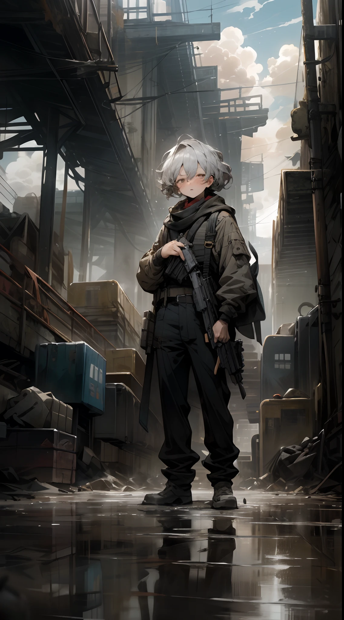 machine gun、silber hair、perm、The beginning of the adventure、Lots of clouds,Beautiful fog,Urban dystopia、komono、The group stands in the center、puddles、Chaotic landscape、Beautiful and fantastic scenery、Cinematic scenery、Boy 16 years old、Face Up