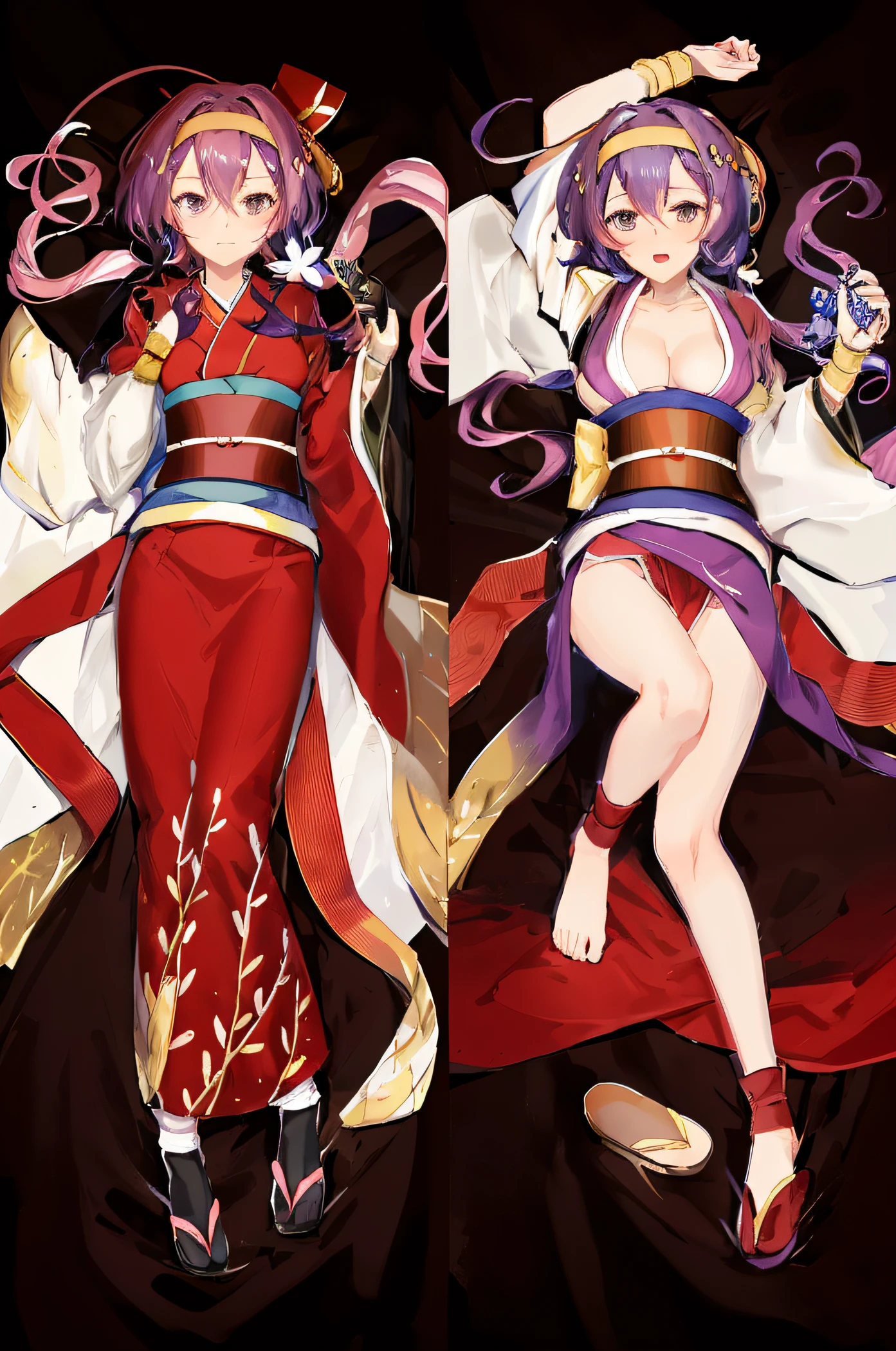 Anime character lying on bed with arms outstretched, Lung-hsien, Ayaka Genshin Impact, flowing hair and long robes, hanayamata, in a kimono, Onmyoji, flowing robe, characters from azur lane, onmyoji detailed art, fully clothed in red robes, floating robes, Rin, wearing gilded red robes
