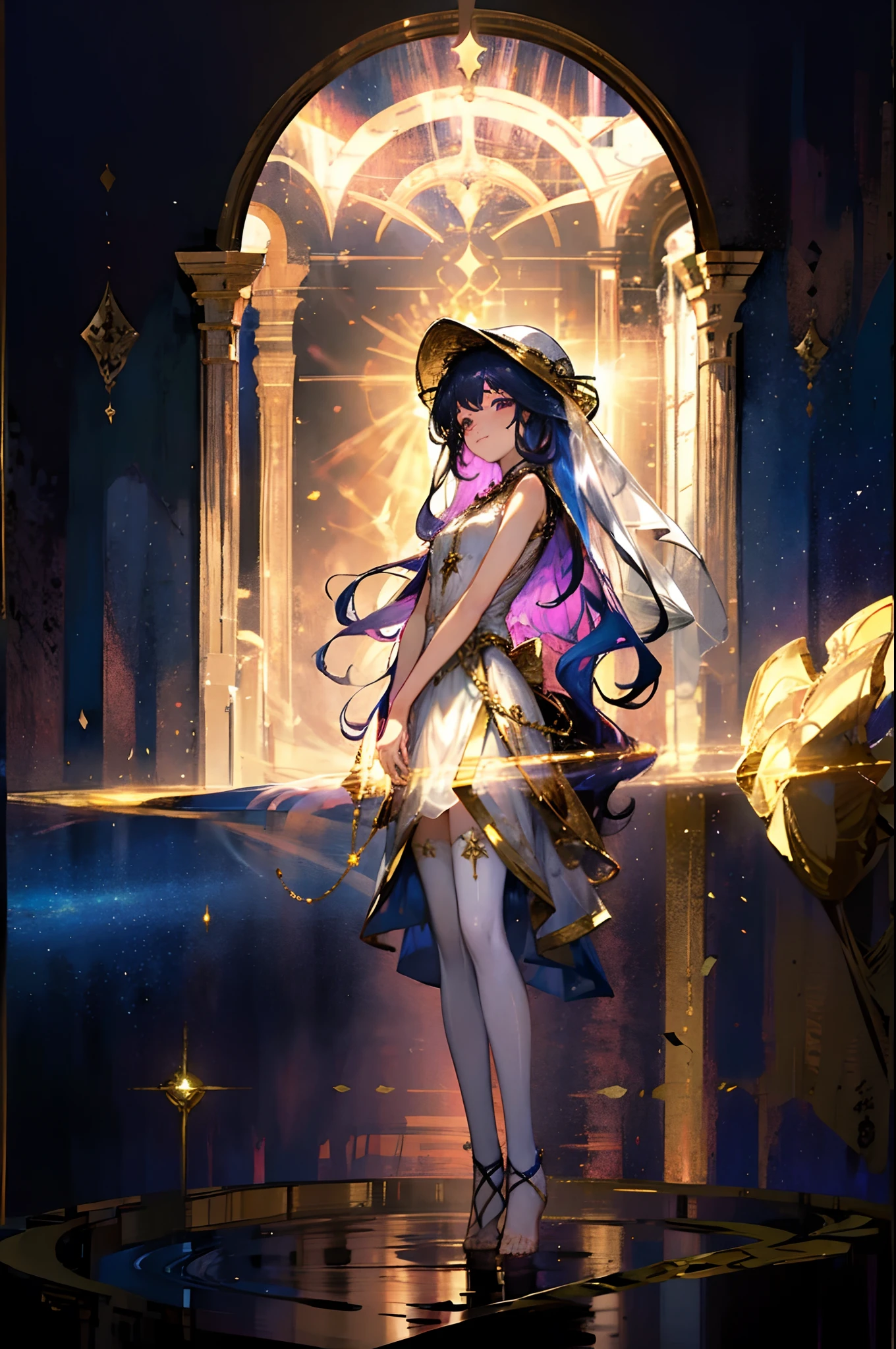 Masterpiece, dreamlike art, 8k, best quality, 1 girl, solo, veil, goddess of the void, celestial body, sparkling violet hair, dark multicoloured hair, wavy long hair with tubes, divine demeanor, smirk, gorgeous girl, young lady, sleeveless showy starry tunic, cute hair accessories, lots of hair accessories fit of a goddess, barefoot, detailed cool legwear, gold headwear