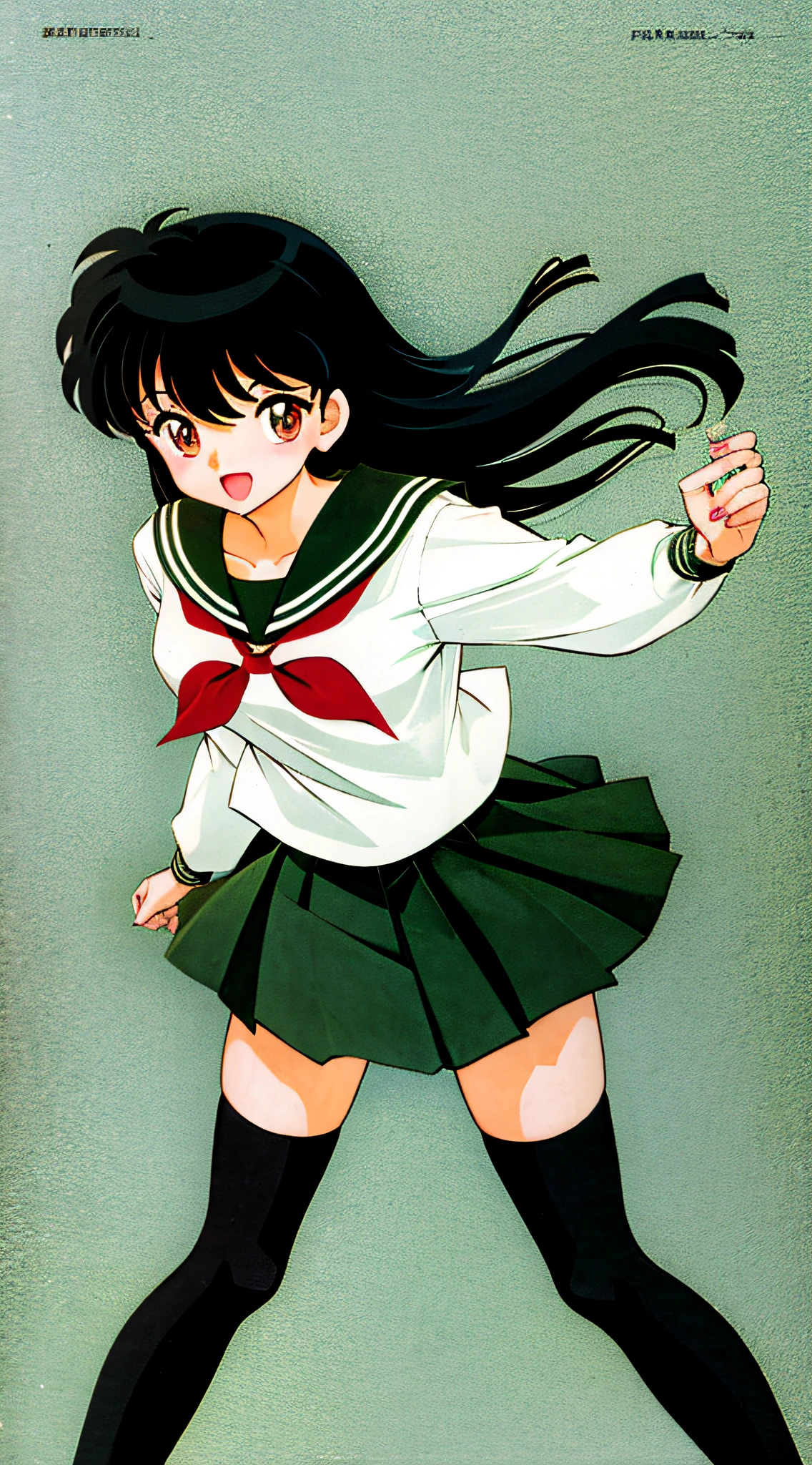 Higurashi Kagome,1girl, skirt, solo, school uniform, long hair, black hair, green skirt, smile, serafuku, open mouth, pleated skirt, neckerchief, looking at viewer, sailor collar, brown eyes, thighhighs, long sleeves, white shirt, shirt, green sailor collar, (red neckerchief:1.2), cowboy shot, black thighhighs,