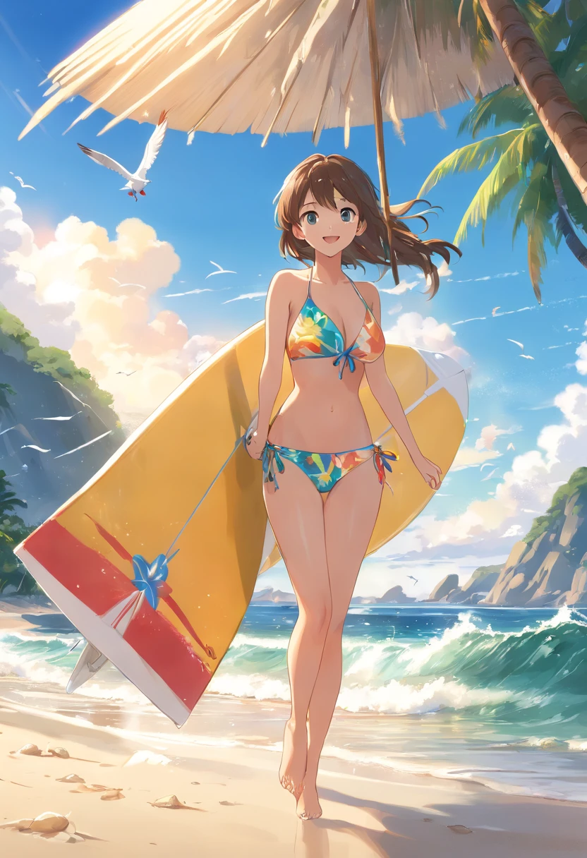 (best quality,ultra-detailed,realistic,photorealistic:1.37),vibrant colors,beach scene,model on the beach,model in a bikini,beautiful detailed eyes,sandy beach,tropical setting,clear blue sky,warm sunlight,flowing hair,salty breeze,tan skin,relaxed atmosphere,calm waves,seashells,wavy patterned bikini,summer vibes,fun in the sun,glowing skin,coconut trees,fresh coconut drink,coastal paradise,beach umbrella,seagulls,footprints in the sand,wet sand reflection,beach ball,beach towel,laid-back pose,roaming seagulls,swimming,laughter,playful expressions,jumping into the waves,surfboard,joyful moments,crystal-clear water,water splashes,distant sailboats,sunset silhouette.