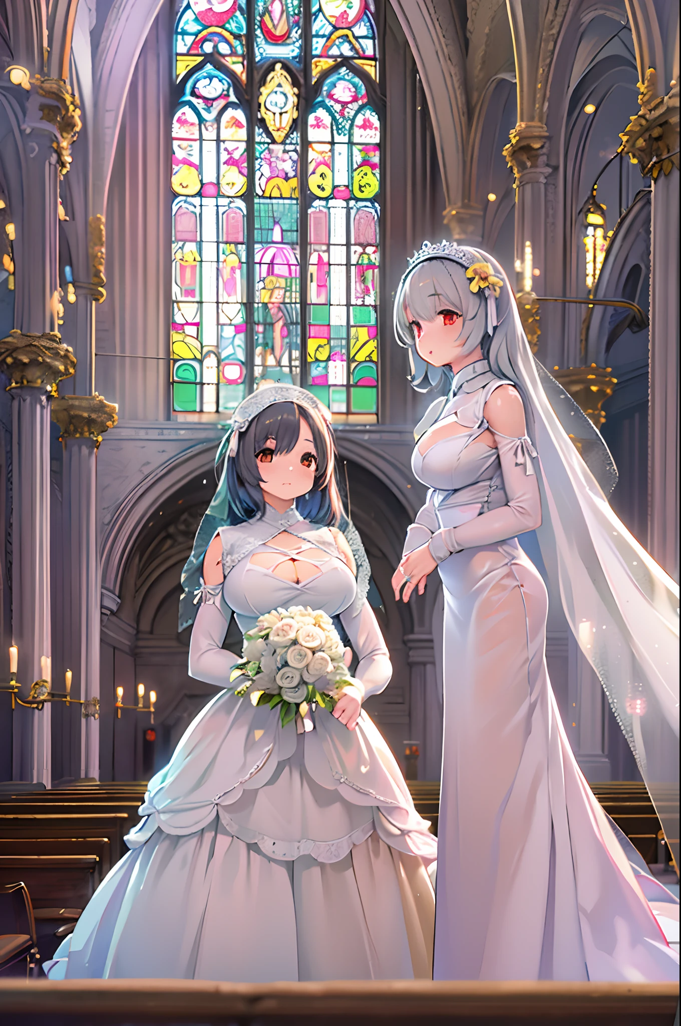 masterpiece, ((Highest quality))、wedding、(Two cute、A good friend、Standing side by side、kawaii:1.4、、smile:1.3、smile、Mr.々Hair style、pubic hair、Smaller breasts)、(((Full nudity、Exposing the breasts、Pussy)))、(Realistic and detailed skin texture、pale pastel wedding dresses:1.2、gem、hair ornaments、Veil、See-through)