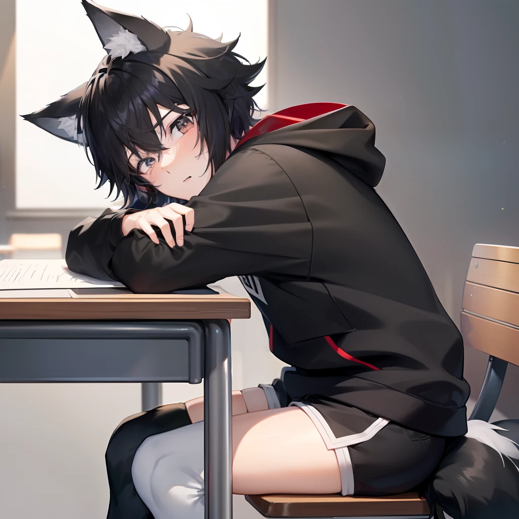 ((masterpiece, best quality, anime)), Sora, ((19 year old Boy)), ((4'6ft)) cute, ((Black messy short hair)) Black Hoodie with white stripes, Rearview, ((Red and Grey eyes)), ((Black Really Fluffy Wolf tail)) ((Black Wolf ears)), Cute expression, Black and white Sport-Shorts with Thigh Highs. ((Writing homework on a table and sitting on a chair))