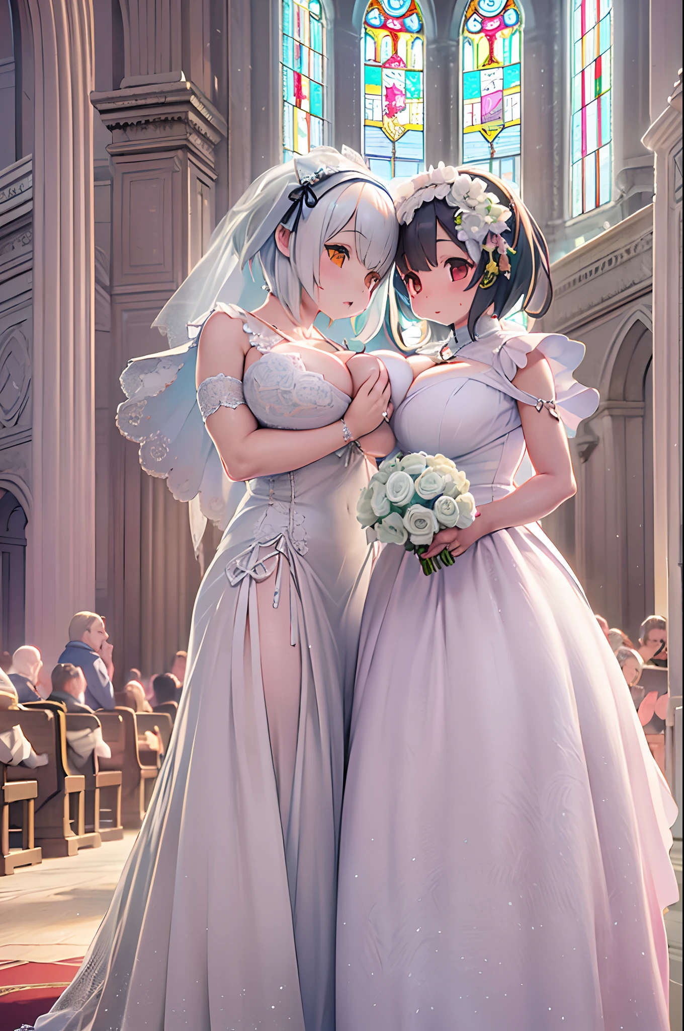 High resolution, Best Quality, masutepiece, Ultra high definition, Ultra high definition, A hyper-realistic,。.。.3D, Anime, Illustration, In a church、wedding hall、Two women in wedding dresses、2girls，girl1：bbw、adolable，Black hair，Bob-cut hair，rcasual、Kisses and hugs、stare、weddingdress、Girl 2：adolable，A pink-haired，Long grey hair，rcasual。Kisses and hugs、stare、weddingdress