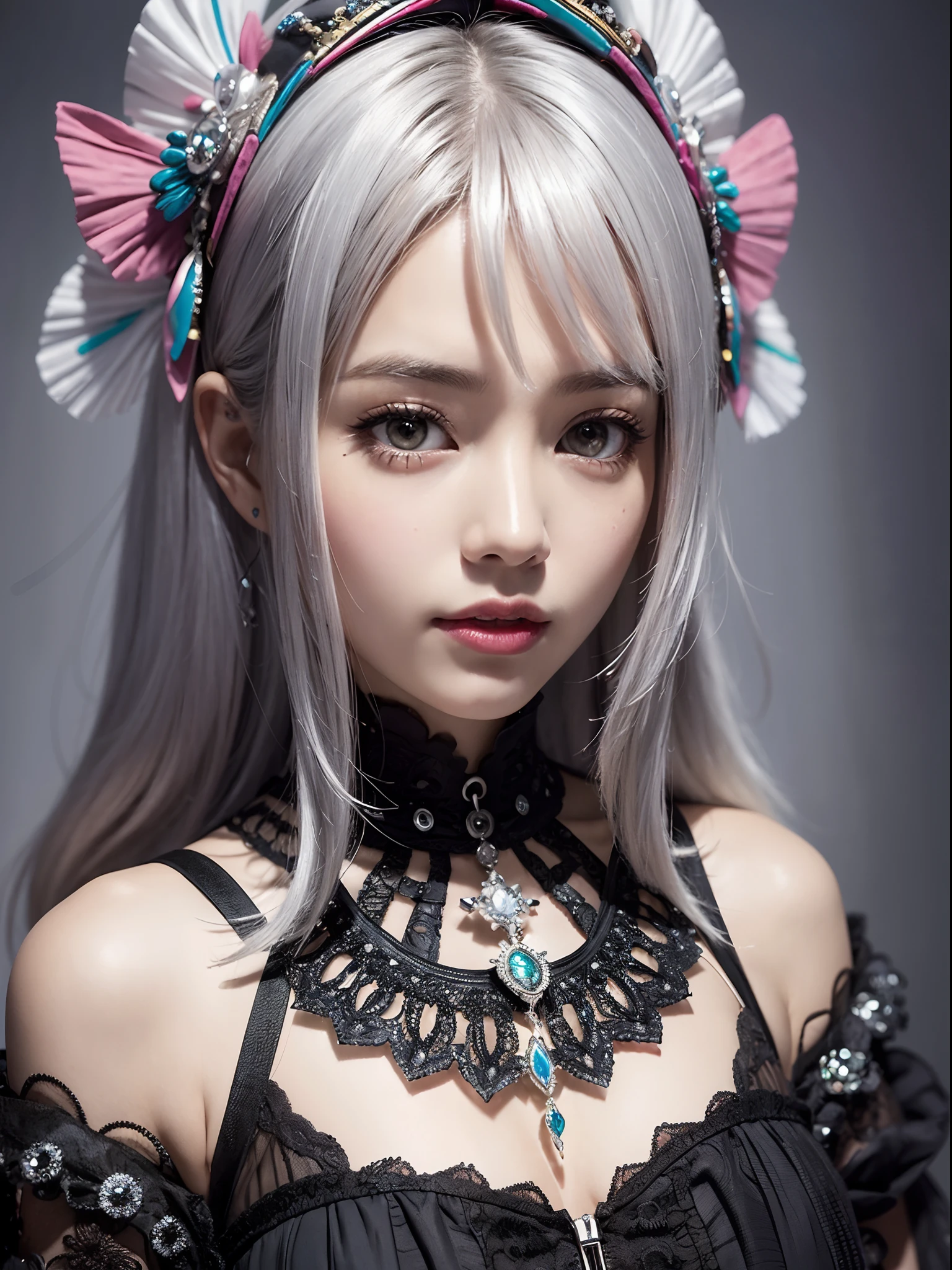 masutepiece、hight resolution、Paisley pattern wallpaper 、Intricately drawn paisley pattern、10,000 colors、colourfull、Craftsmanship、25 years old women、1girl with、9th class、Look at the viewer、smil、Silver hair、Okappa、Diamond brilliance、colorful decorations、Particles of light flutter、Detailed Gothic style、(maximalism:1.5)、diffuse lighting、(depth of fields:1.8)、gothic lorita、Diffuse reflection of light、((Background ratio:65%)