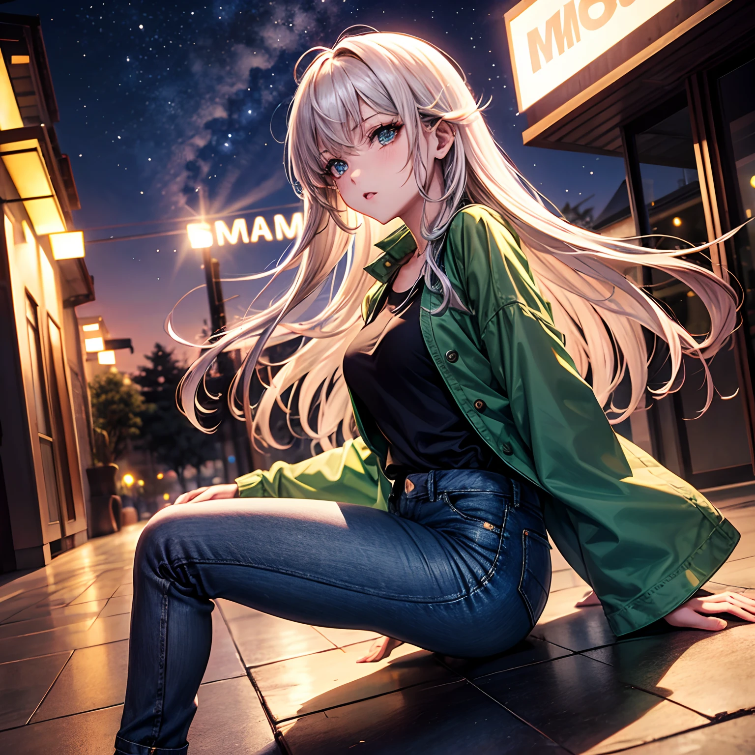 Estilo anime, uma linda mulher sozinha, cabelo longo preto, Shimmering green irises, Wearing a denim jumpsuit with a white long-sleeved shirt, em uma cidade, de noite, luzes acesas, ultra detalhado, perfect  lighting