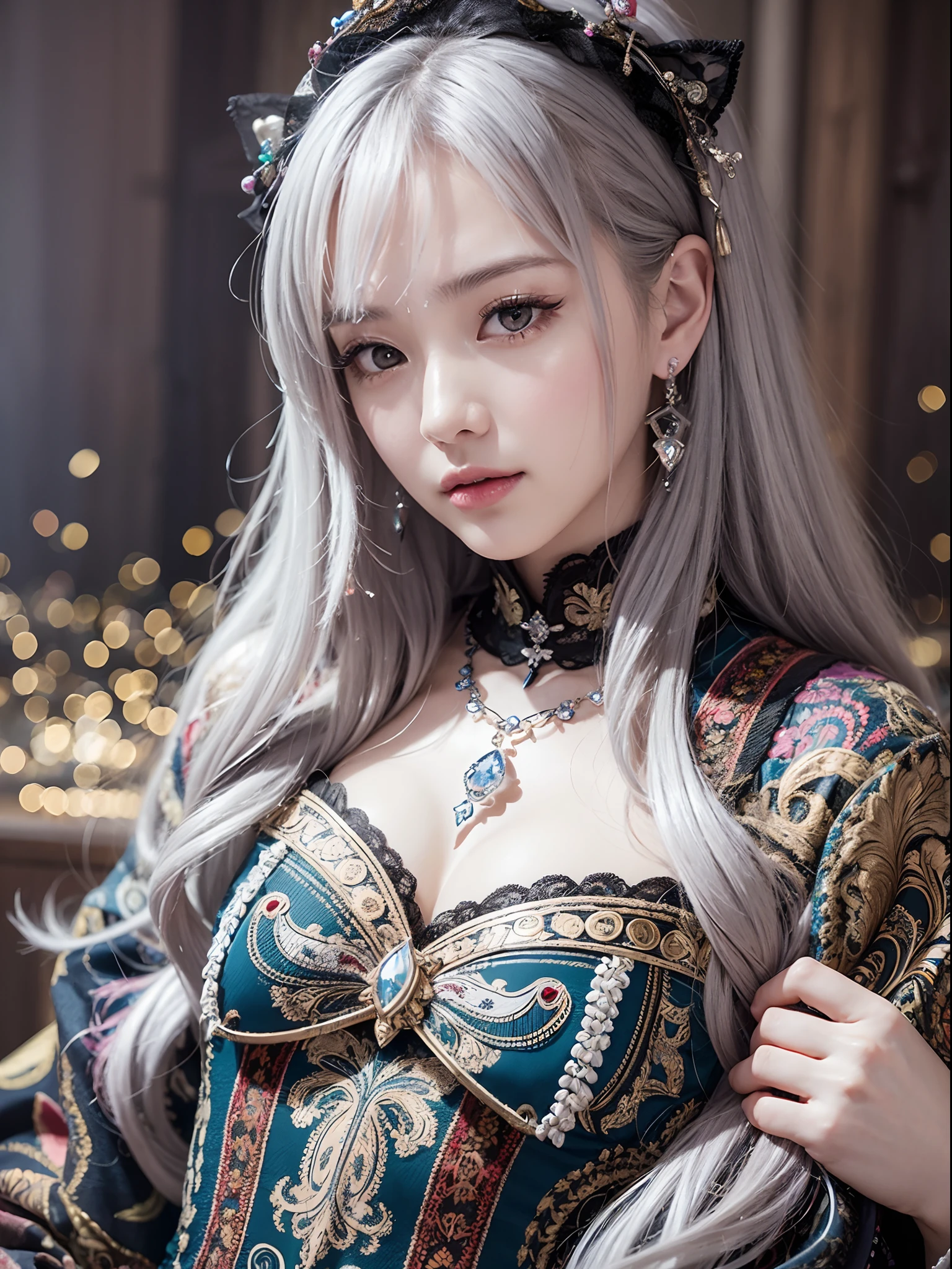 top-quality、masterpiece、超A high resolution、(Photorealsitic:1.4)、Raw photo、女の子1人、13years、Platinum Hair、sad Facial expression、glowy skin、((super realistic details))、portlate、globalillumination、Shadow、octan render、8K、ultrasharp、Colossal tits、White Mini Bra、highly intricate detail、Realistic light、CGSoation Trends、a purple eye、radiant eyes、Facing the camera、neon details、sitting on、Futuristic hair ornament、Gundam、Small LED lamp、Purple neon lighting、Green neon lighting、