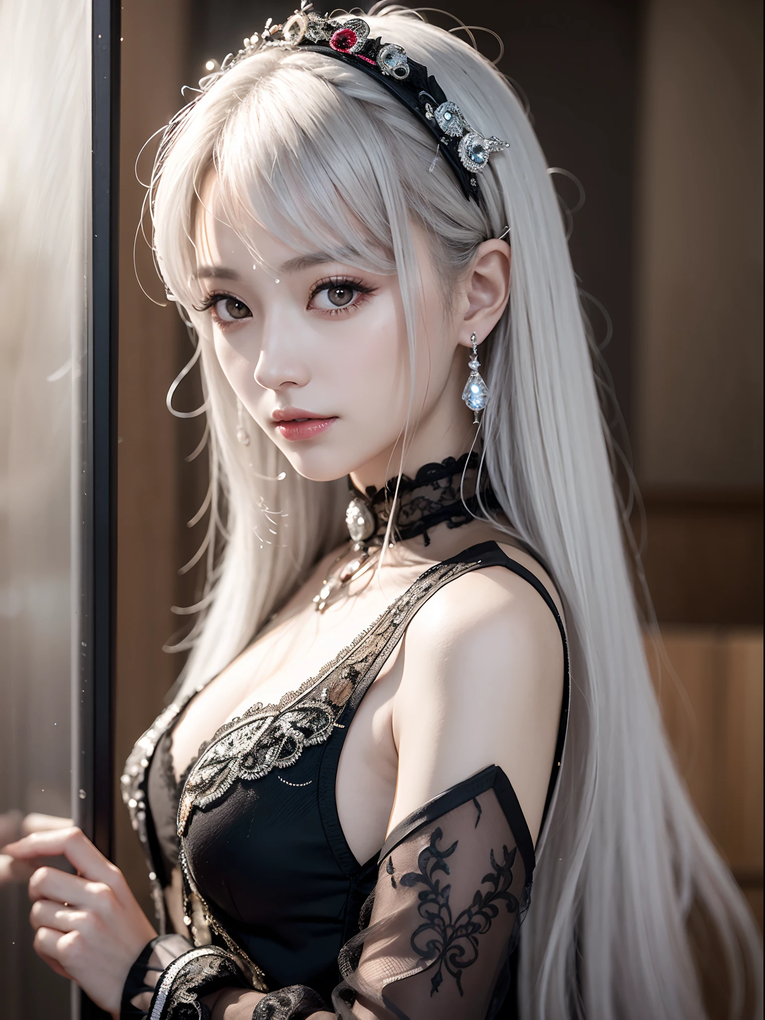 Masterpiece Best Night Full Moon 1 Female Mature Female Sister Yu Sister Cold Face Expressionless Silvery White Long Hair Woman Light Pink Lips Calm Intellectual Three Bands Grey Eyes Assassin Short Knife, Flowers, Hand detail, finger details,