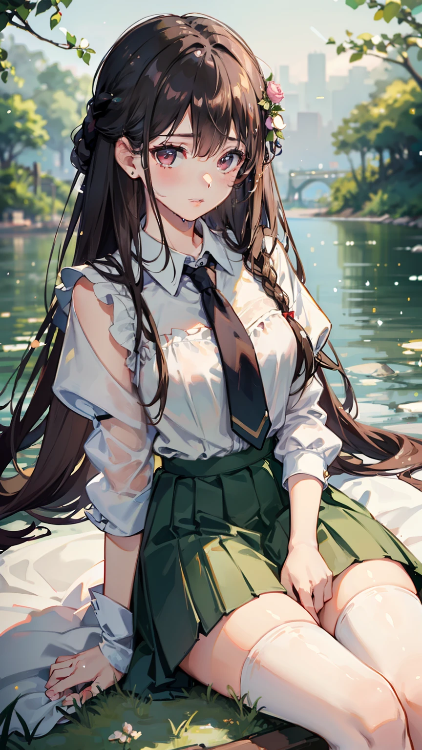 rained,By the lake,Green meadows,The barefoot,Long, thin legs,Thin clothes,Get wet,duck sitting,Delicate face, braid hair,A brown-haired, absurdres, highres, (ultra detailed:1.1), (1 girl:1.3), watercolor style, (soft blending:1.4), (dreamy washes:1.4), (delicate textures:1.4, BREAK (bokeh photography:1.3), soft focus, out-of-focus highlights, dreamy ambiance, mesmerizing depth, blurred edges, dynamic angle, more_details:1.5, masterpiece, best quality, highres, sh1, senjougahara hitagi, long hair, long sleeves, necktie, school uniform, pleated skirt, juliet sleeves, black thighhighs, pink shirt, cowboy shot,