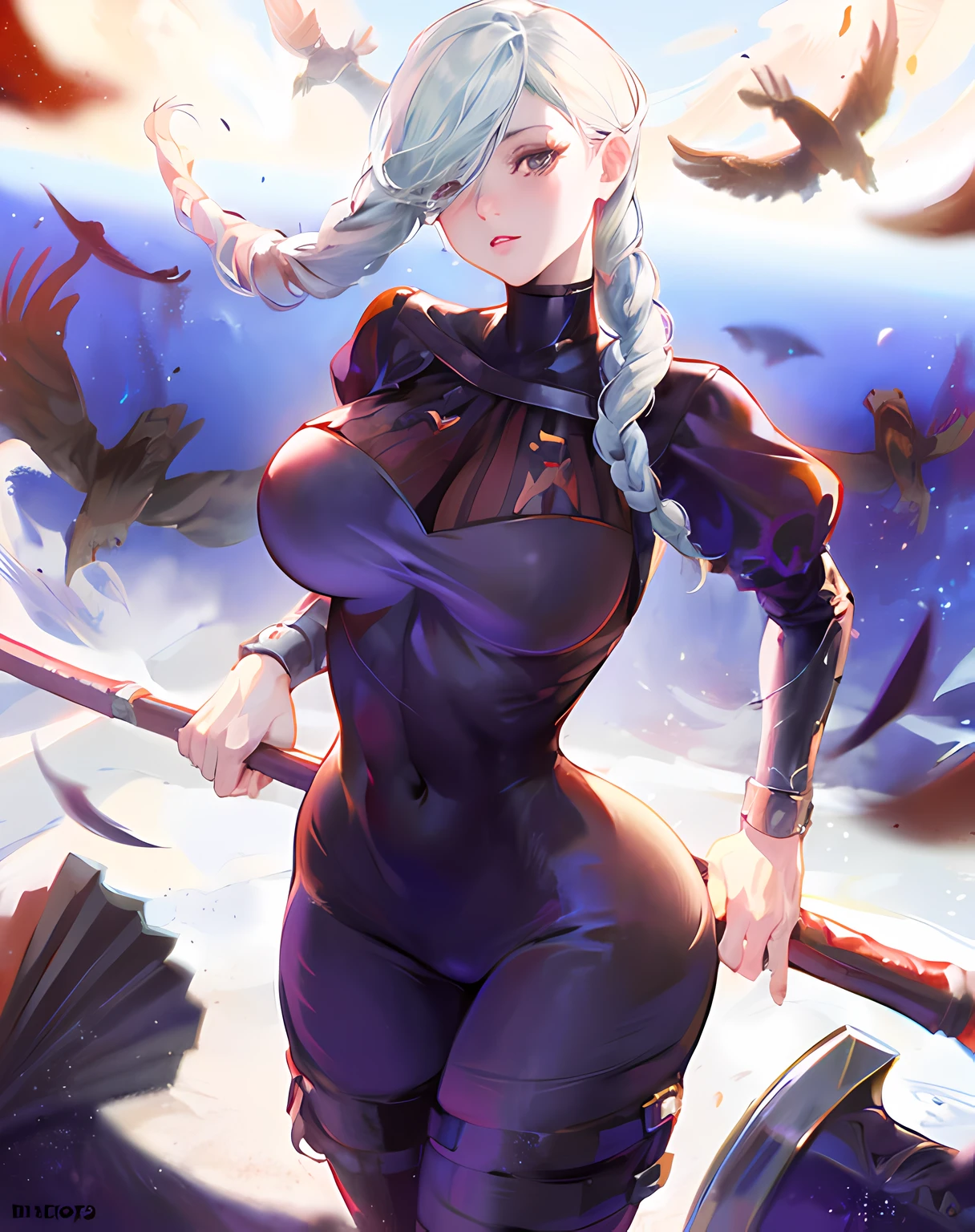 anime girl with long white hair and a axe, highly detailed exquisite fanart, epic digital art illustration, thick thights, Tight clothing, sky witch, digital art on pixiv, demon slayer, commission for high res, 2 b, 2b