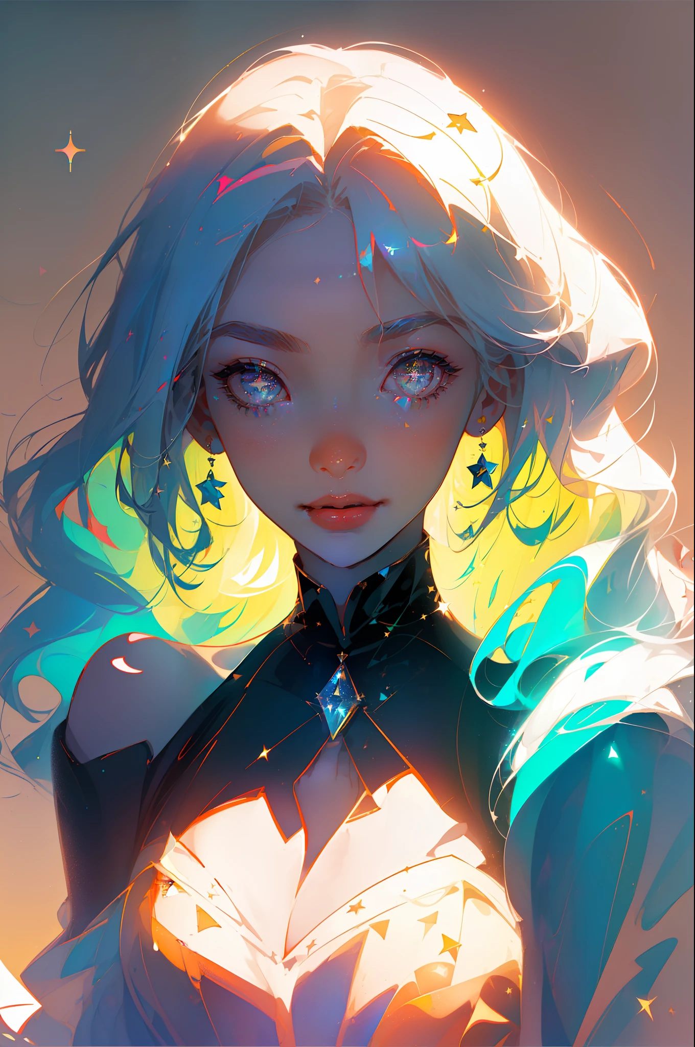 (Best Quality), ((1girl in, (femele) Long White, hair), (star-shaped pupils,  +_+, symbol-shaped pupils, Sparkling eyes), (Looking at Viewer, lightsmile, off shoulders), (Abstract, multicolored background, Abstract background, chromatic abberation),