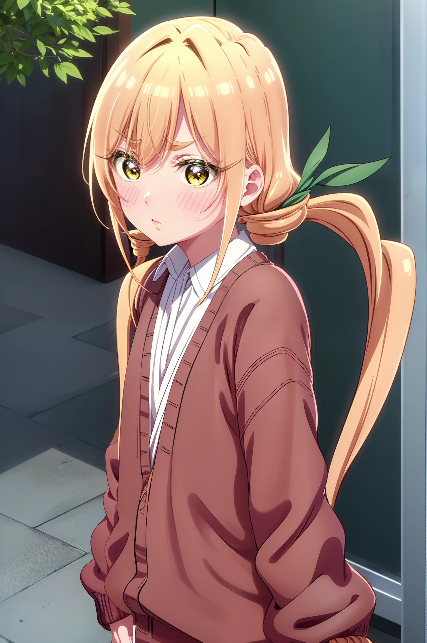 1girl, blonde hair, blush, cardigan, full-face blush, hair between eyes, long hair, long sleeves, looking at viewer, low twintails, school uniform, shirt, solo, twintails, upper body, white shirt, yellow eyes