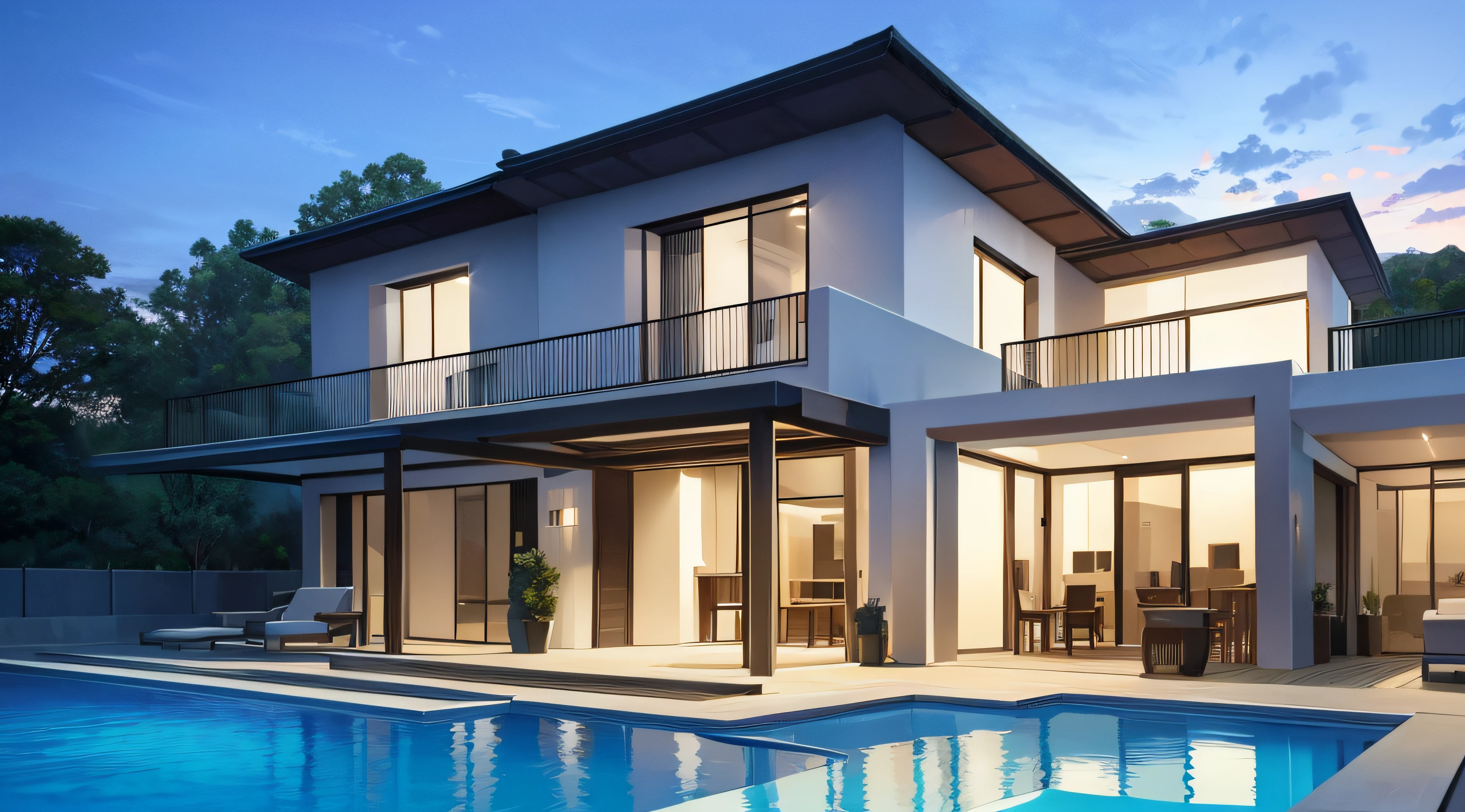 Exterior of beautiful modern house with solar panels on roof. Luxury villa with terrace and swimming pool Created