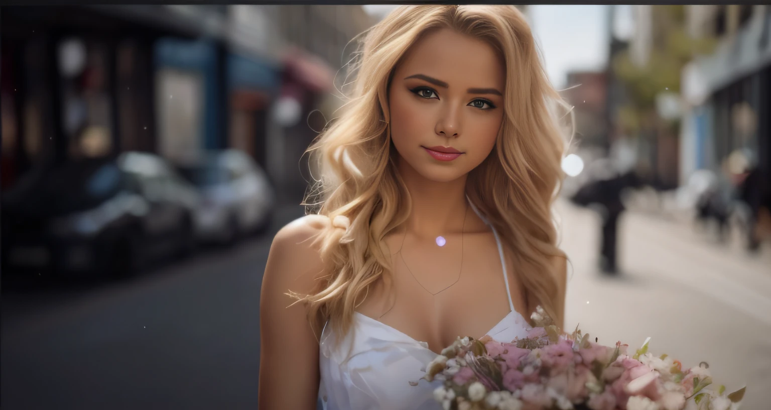 Blonde woman with a bouquet of flowers on a city street, bokeh top cinematic lighting, Retrato VFX altamente detalhado, foto retrato suave 8 k, beautiful portrait lighting, mulher atraente, menina atraente, 8K Artgerm Bokeh, sensual 8K lighting, modelo bonito da menina, soft blur lighting, Anton Fadeev 8 K, Anna Nikonova aka Newmilky