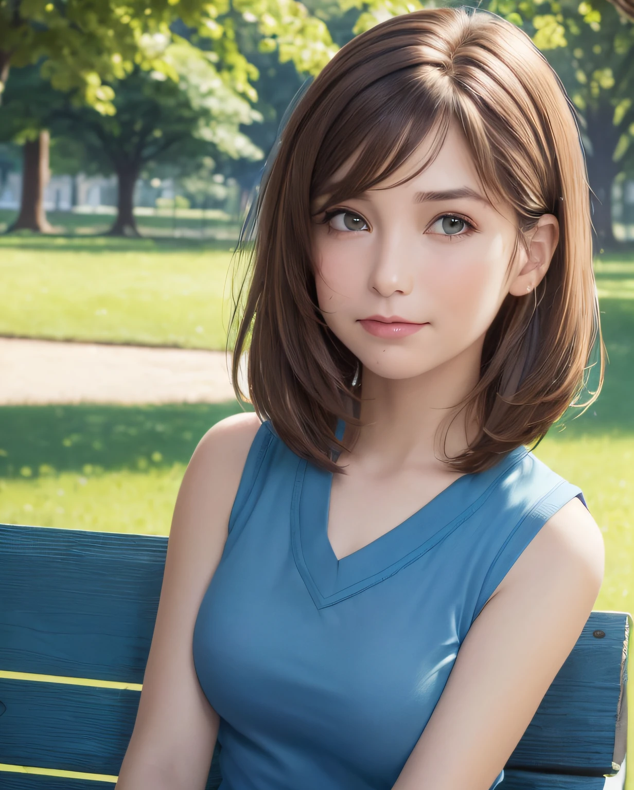 Best quality, Photorealistic, 8K, A high resolution, Full color, 1girll, woman,50-year-old woman, (Closed mouth:1.73), (skin indentation), (Portrait:0.6), green trees, park bench, Daylight, ((Park background:1.52)), Full color, ((Sleeveless blue shirt:1.58)), view the viewer:1.8, (1girl eyes looking at viewer:1.55), (Medium hair, A brown-haired, partedhair:1.45), (Bokeh),